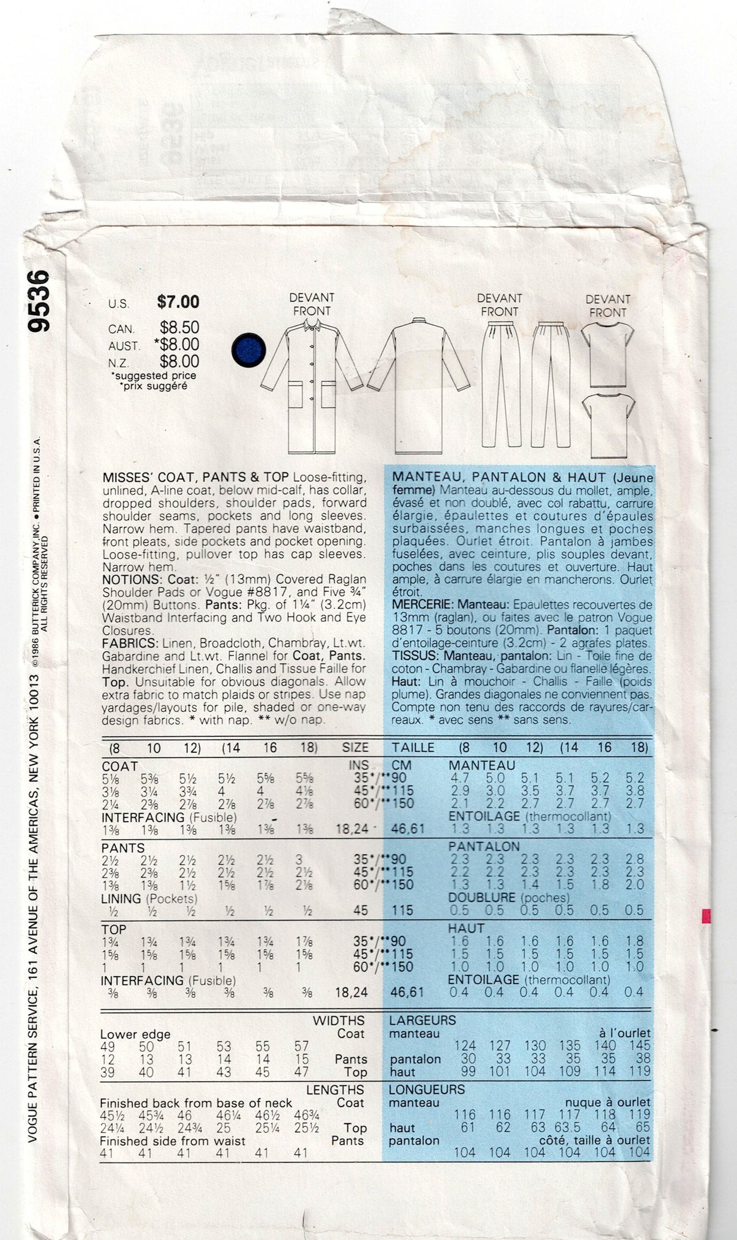 Vogue 9536 Womens Unlined Overcoat Top & Tapered Pants 1980s Vintage Sewing Pattern Size 14 - 18 UNCUT Factory Folded