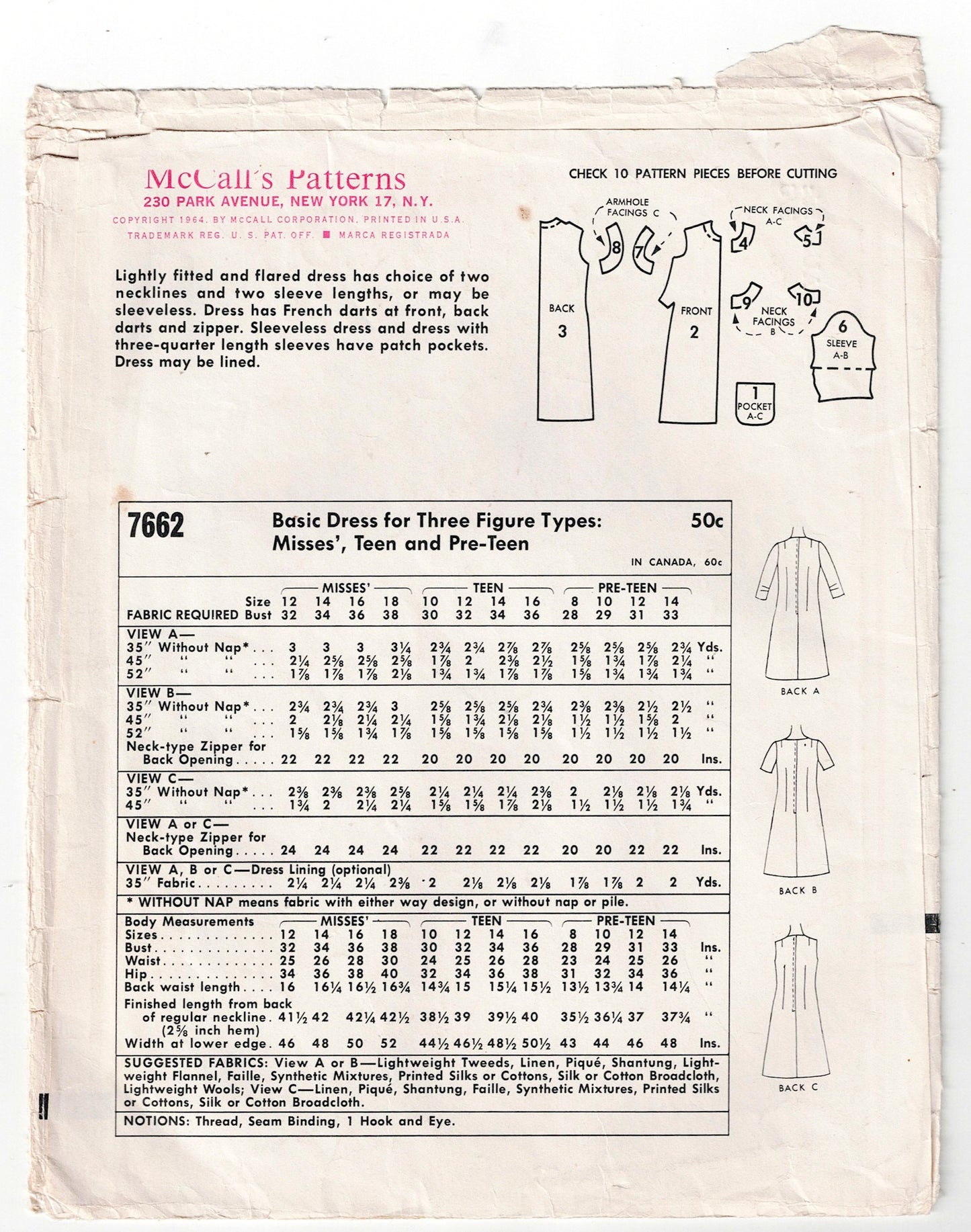 McCall's 7662 Teens A Line Dresses with French Darts 1960s Vintage Sewing Pattern Bust 34-36 inches