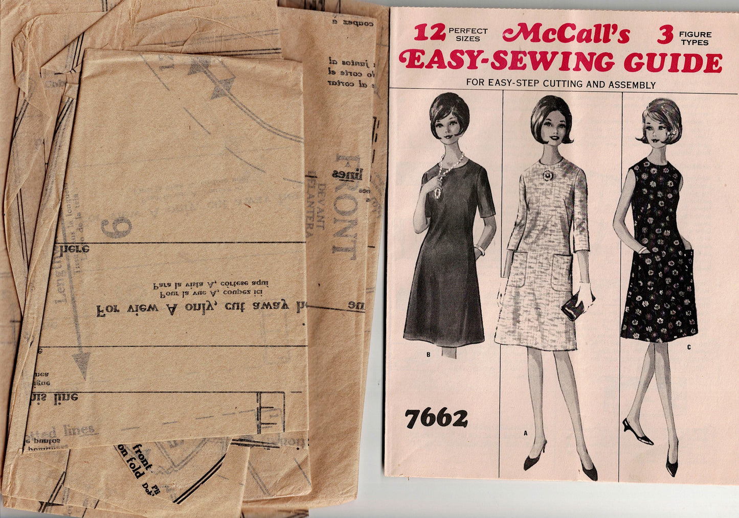 McCall's 7662 Teens A Line Dresses with French Darts 1960s Vintage Sewing Pattern Bust 34-36 inches