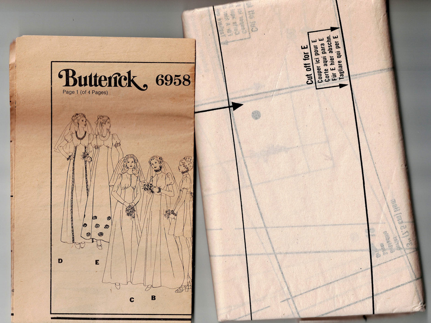 Butterick 6958 Womens High Waisted Puff Sleeved Wedding Dress 1970s Vintage Sewing Pattern Size 12 Bust 34 inches UNCUT Factory Folded