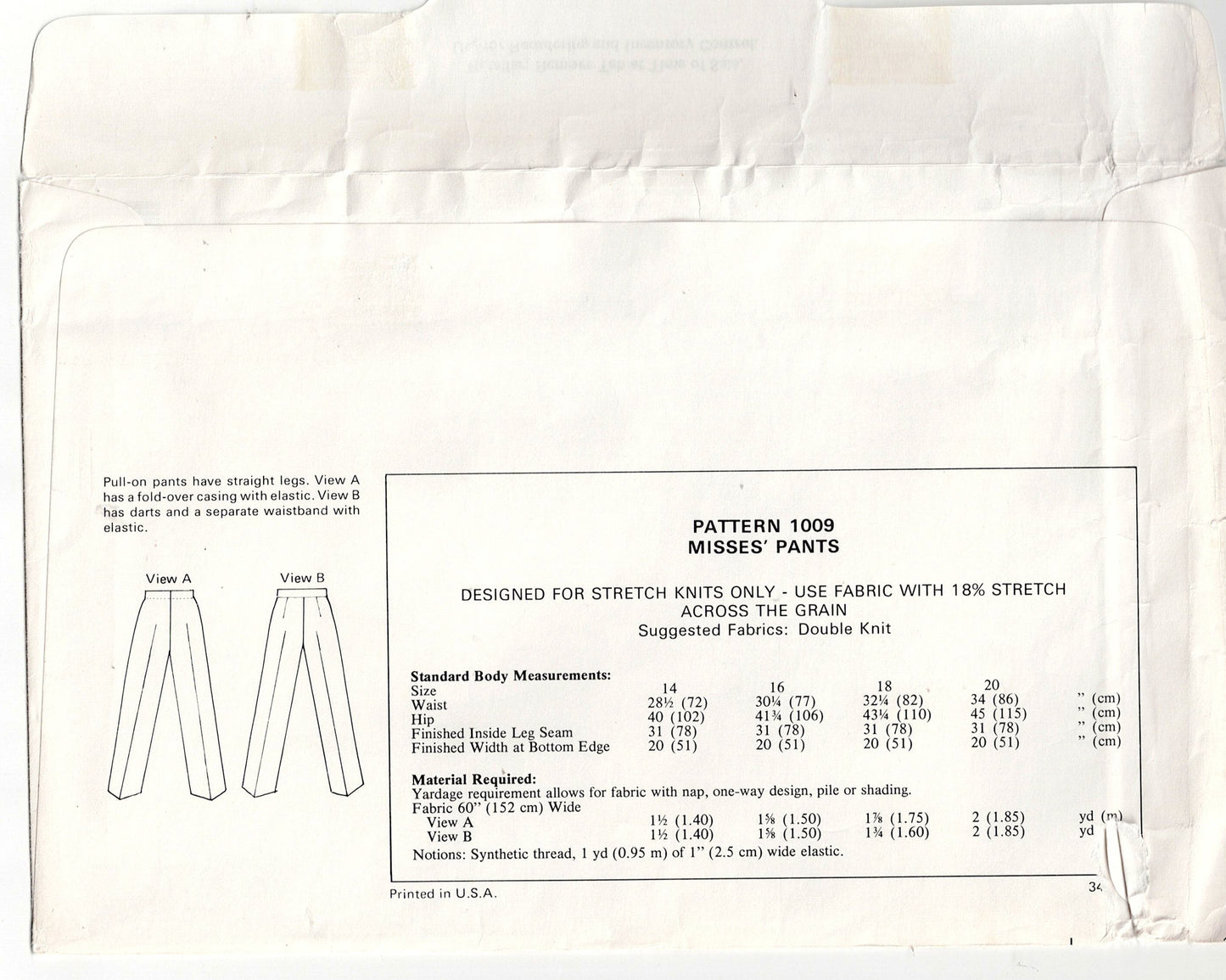 Kwik Sew 1009 Womens Stretch Knit Straight Leg Pants 1970s Vintage Sewing Pattern Waist 28 - 34 Inches UNCUT Factory Folded