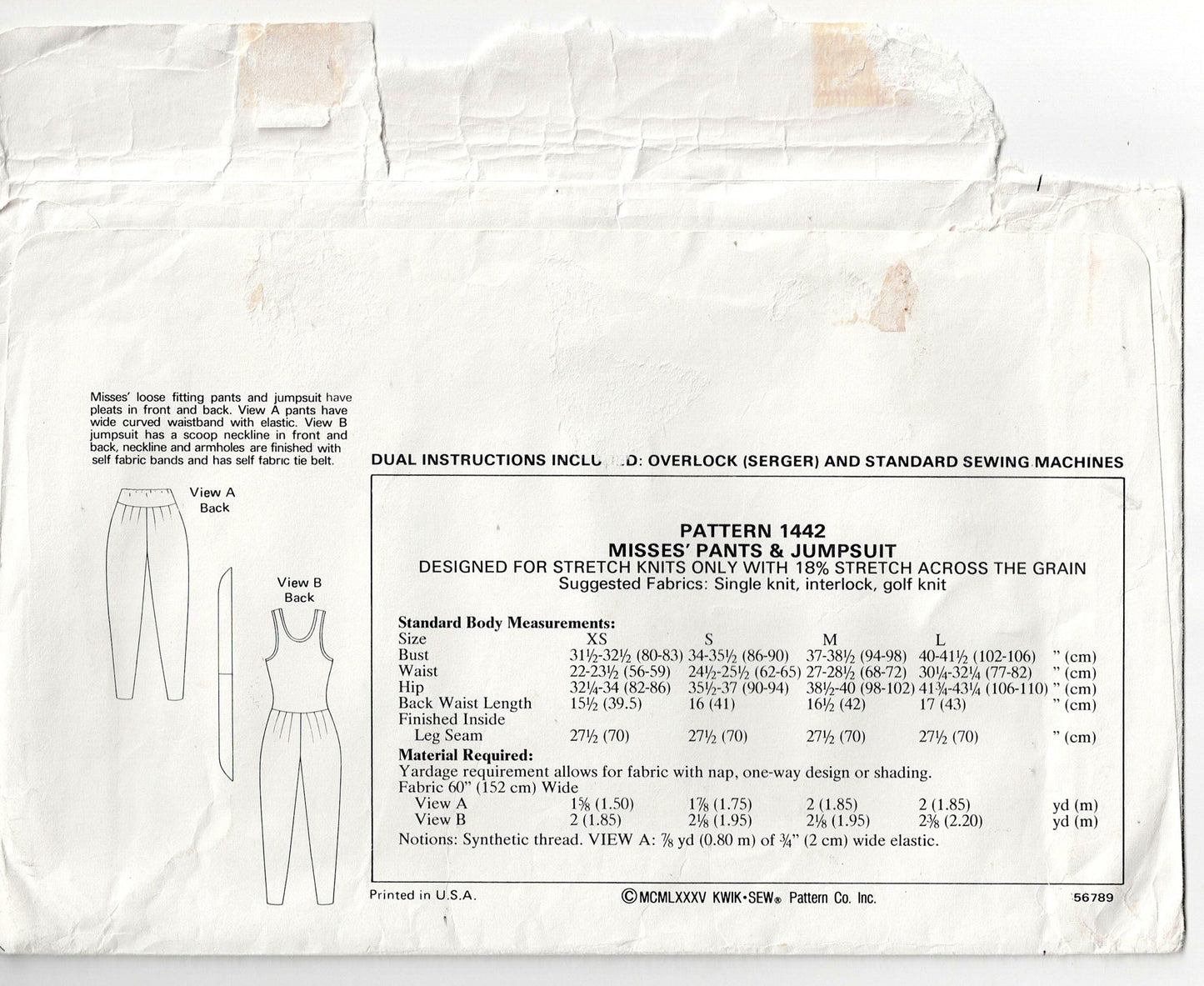 Kwik Sew 1442 Womens Stretch Knit Tapered Pants & Jumpsuit 1980s Vintage Sewing Pattern Size XS - XL UNCUT Factory Folded
