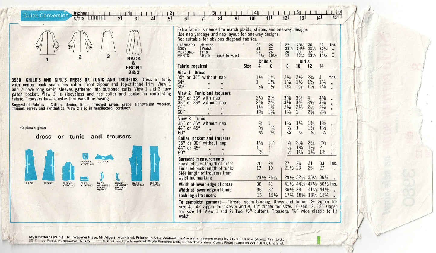 Style 3980 Teen Girls Boho Zip Front Dress Top & Pants 1970s Vintage Sewing Pattern Size 12 UNCUT Factory Folded