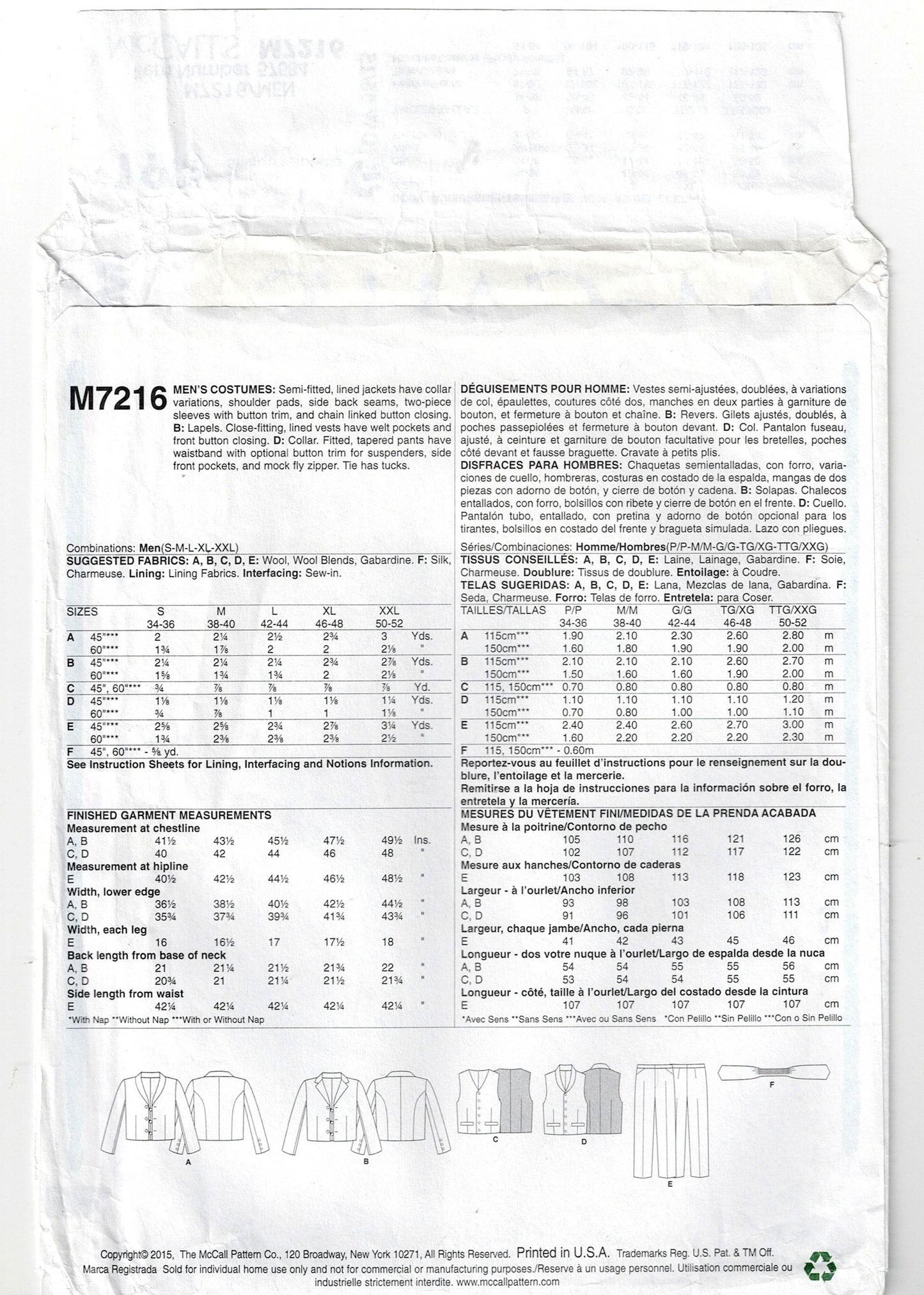 McCall's 7216 Mens Period Costume Formal Suit Vest Jacket Pants Out Of Print Sewing Pattern Sizes S - XXL UNCUT Factory Folded