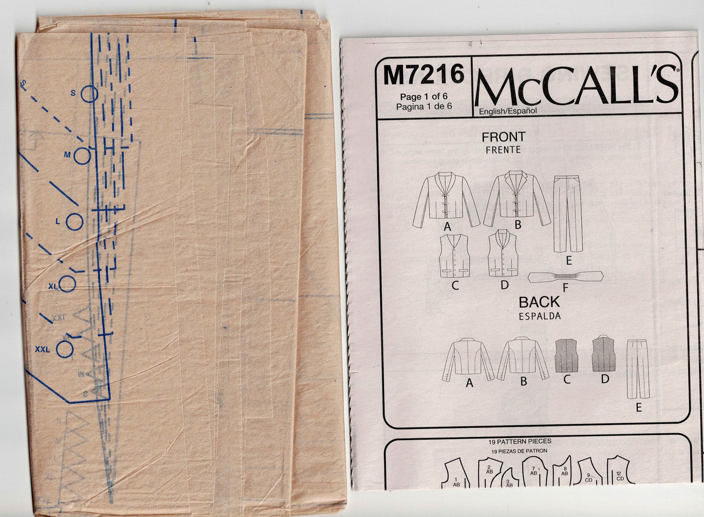 McCall's 7216 Mens Period Costume Formal Suit Vest Jacket Pants Out Of Print Sewing Pattern Sizes S - XXL UNCUT Factory Folded
