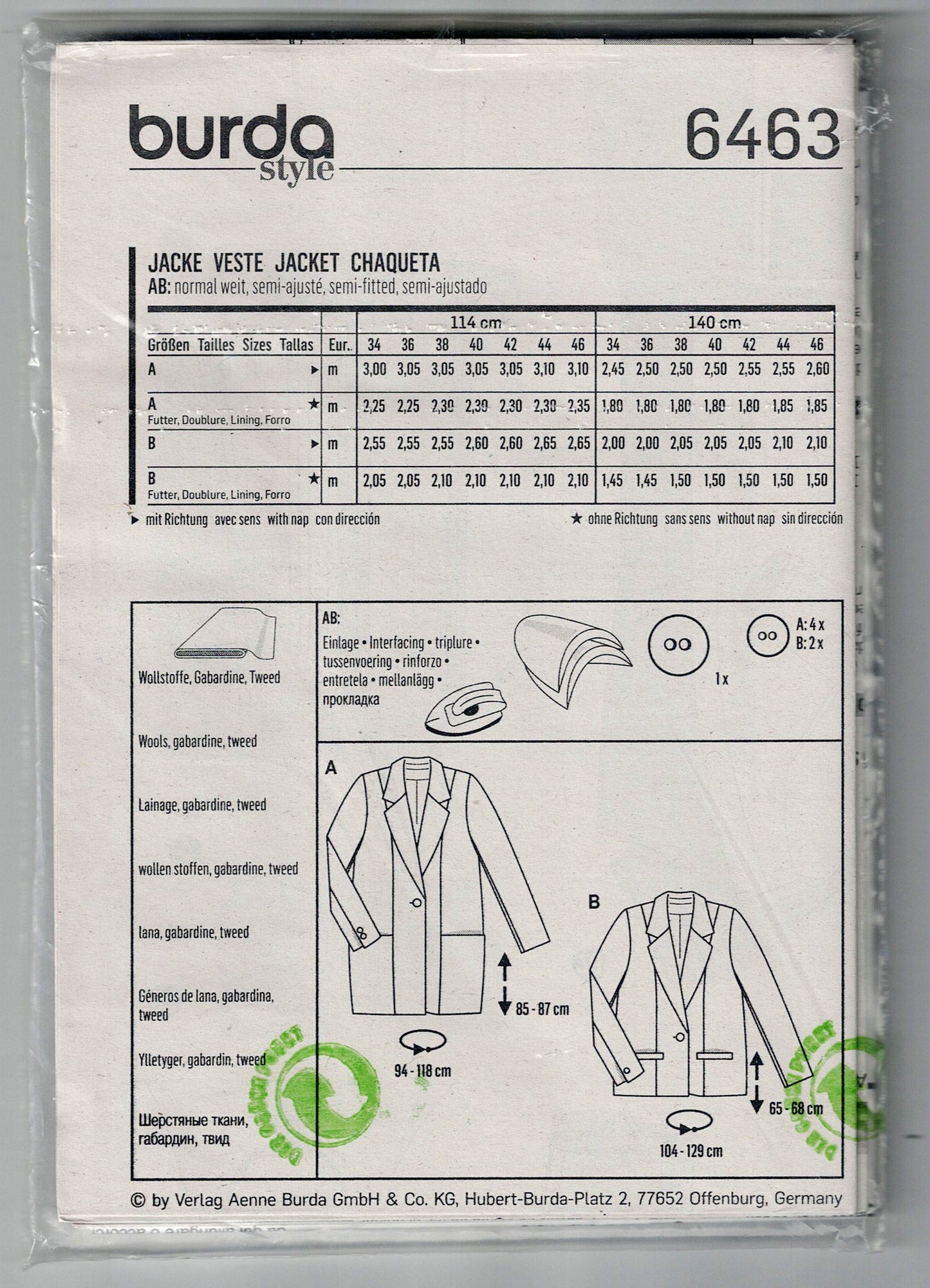 Burda Style 6463 Womens Classic Blazer Jacket Sewing Pattern Sizes 8 - 20 UNCUT Factory Folded