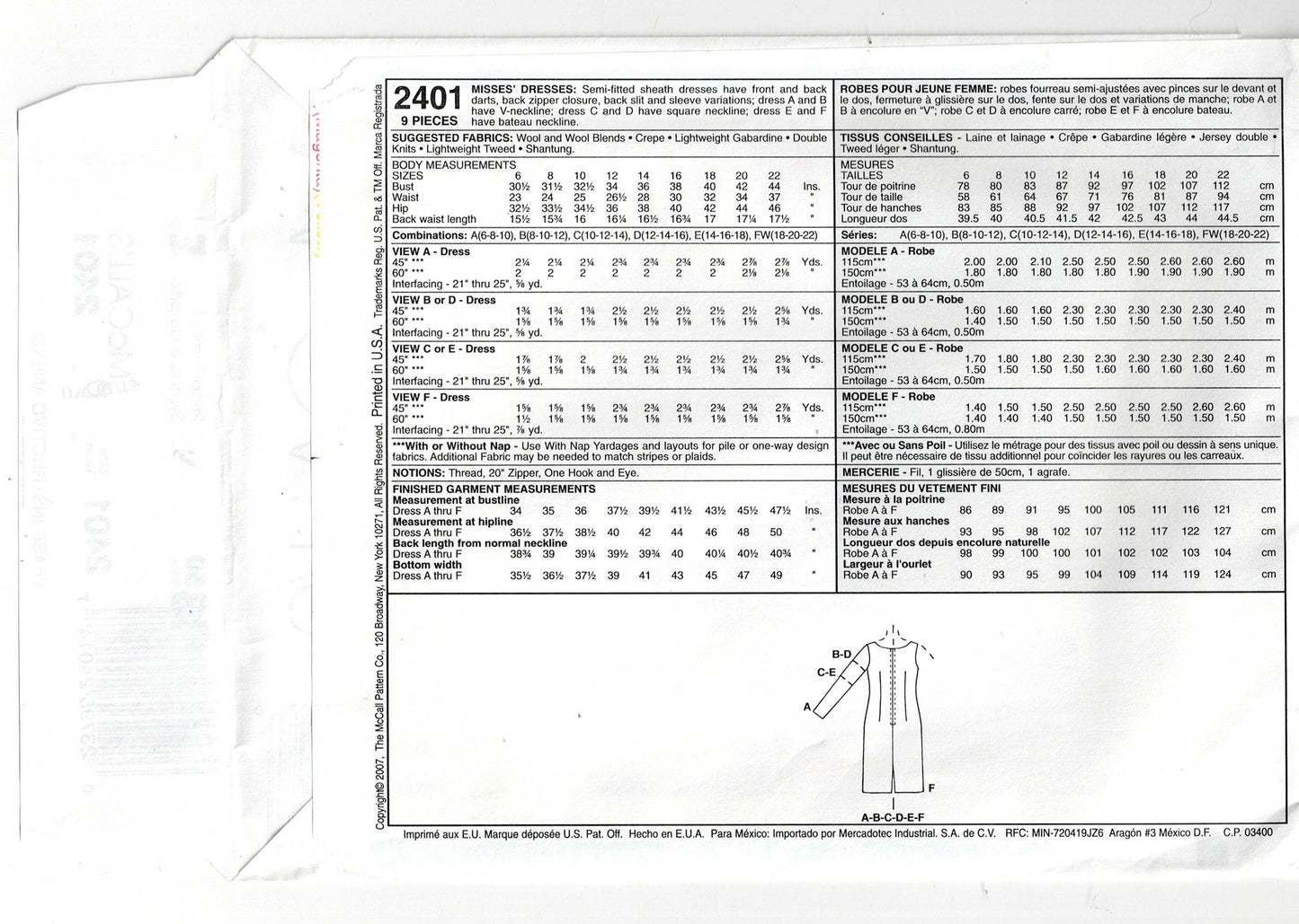McCall's 2401 Womens EASY Dart Fitted Sheath Dress Out Of Print Sewing Pattern Sizes 12 - 16 UNCUT Factory Folded