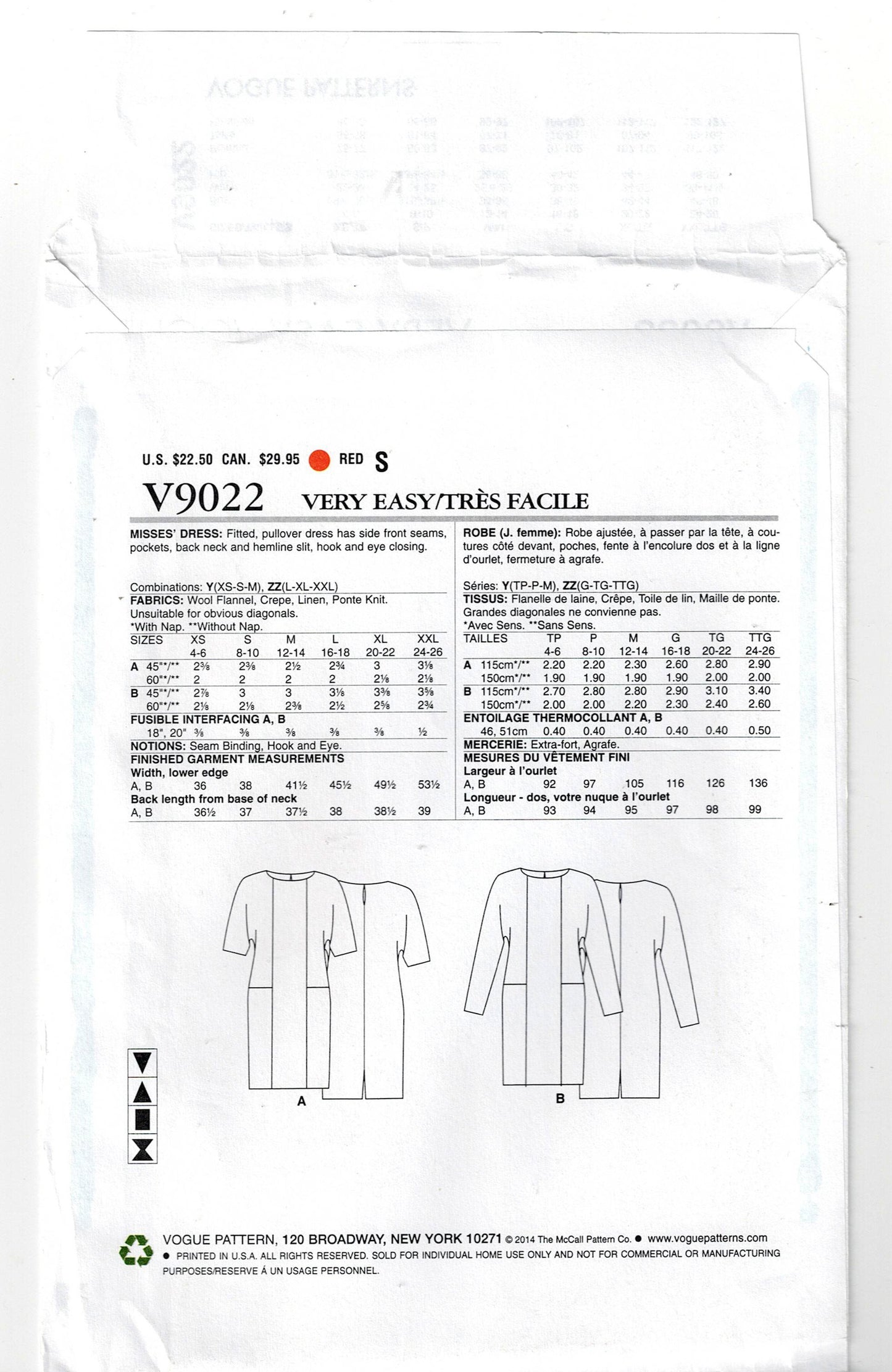 Very Easy Vogue 9022 Womens Pullover Dress with Pockets Out Of Print Sewing Pattern Sizes 16 - 26 UNCUT Factory Folded