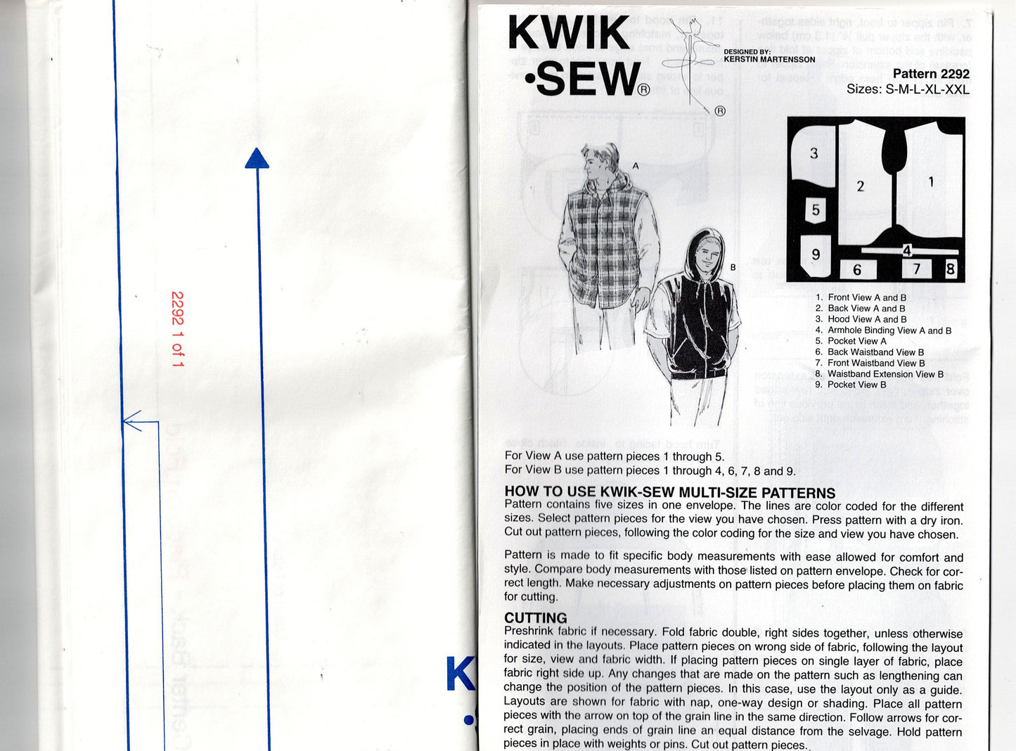 Kwik Sew 2292 Mens Winter Stretch Knit Zip Front Vest Hoodie Size S - XXL UNCUT Factory Folded