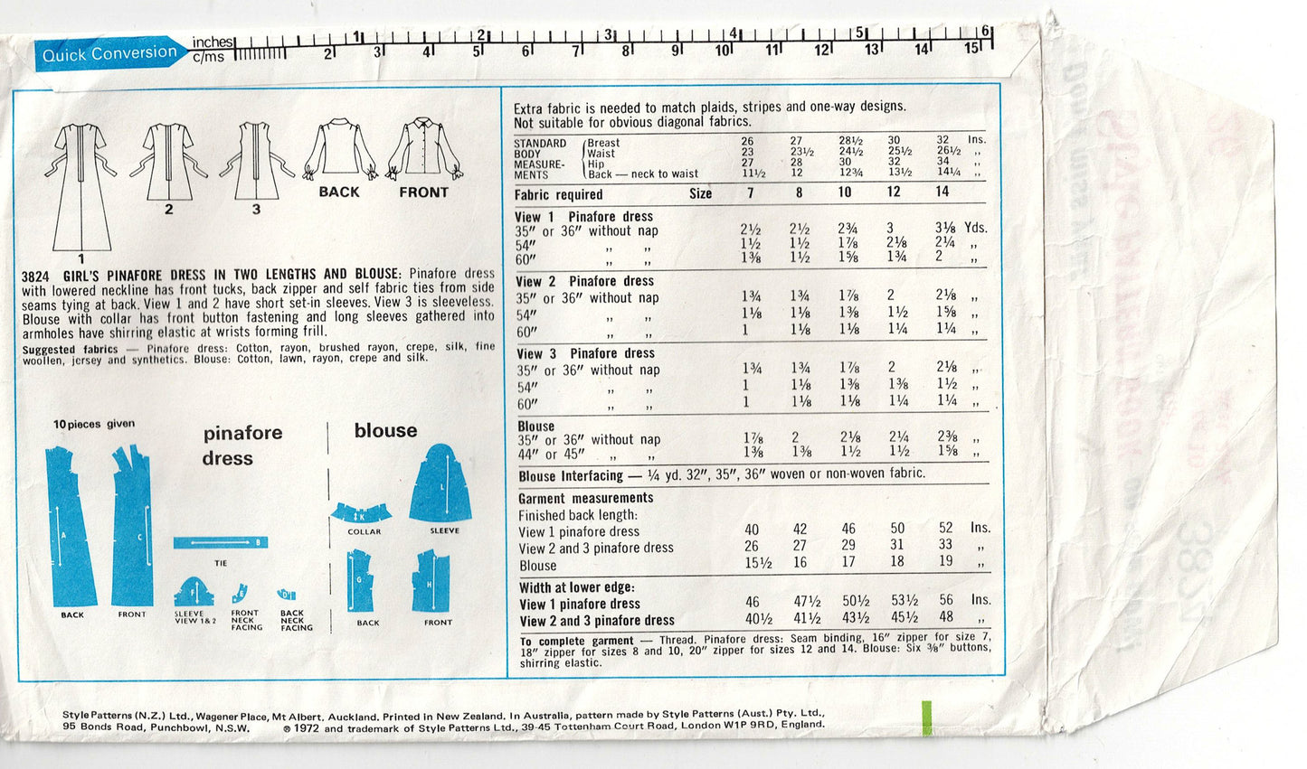 Style 3824 Girls Pinafore Dress & Blouse 1970s Vintage Sewing Pattern Size 10