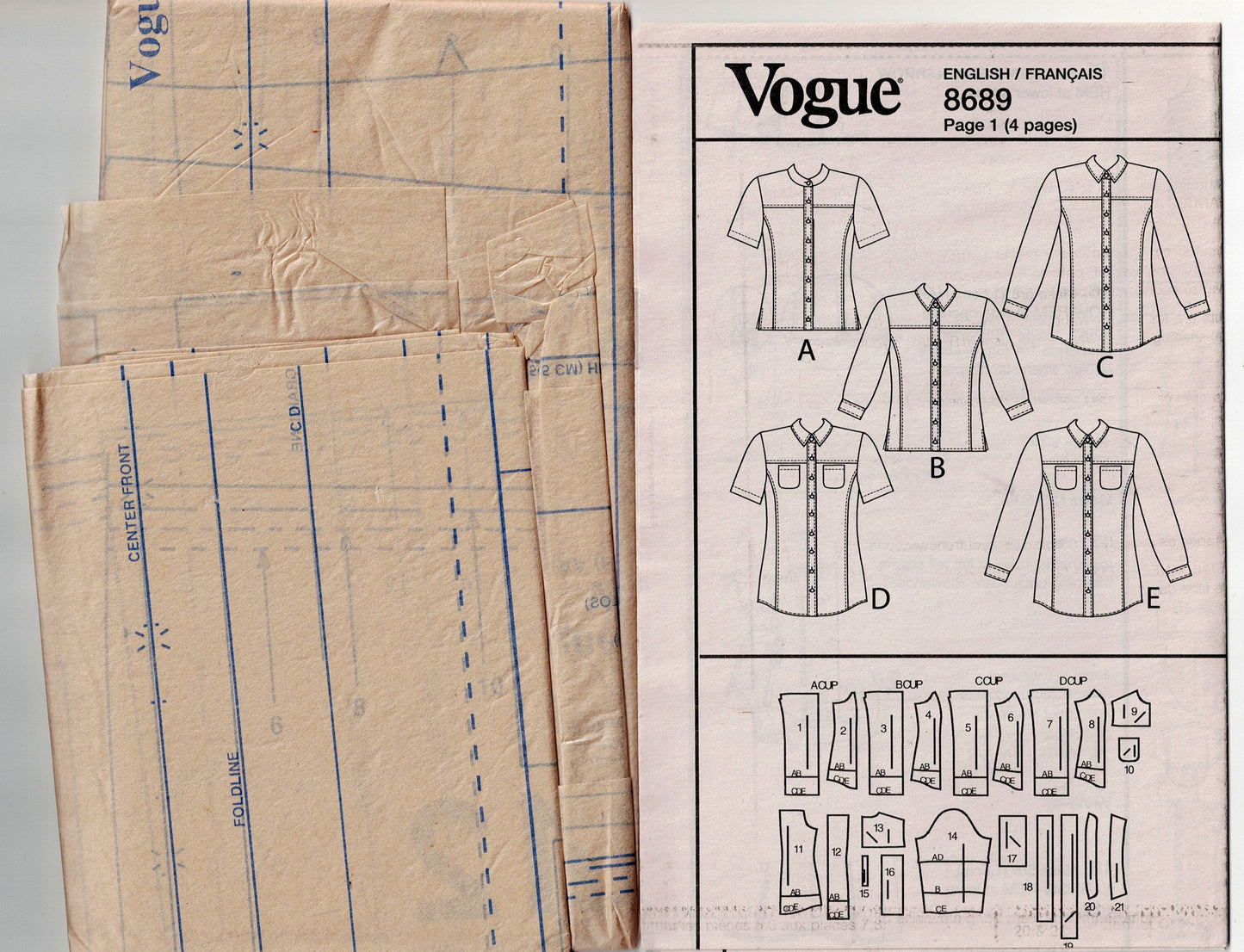 Vogue Basic Design 8689 Classic Womens CUSTOM FIT Button Down Shirts Sewing Pattern Size 6 - 12 UNCUT Factory Folded
