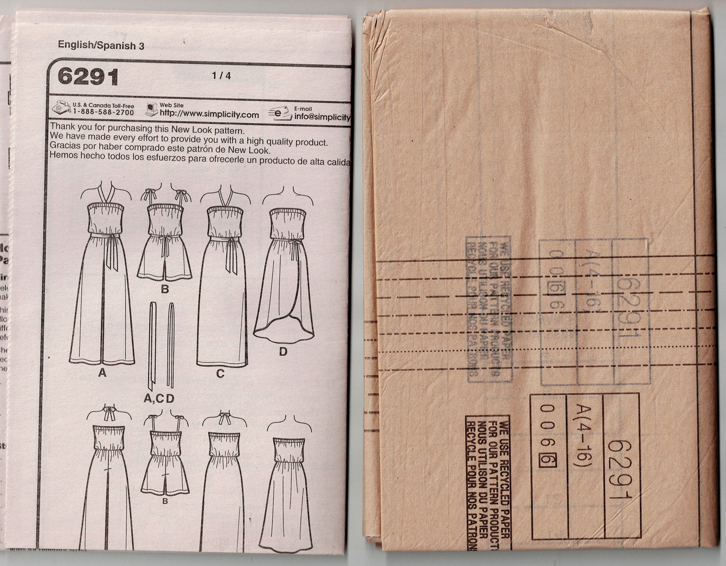 New Look 6291 Womens EASY Strapless Dress & Jumpsuit Out Of Print Sewing Pattern Size 4 - 16 UNCUT Factory Folded