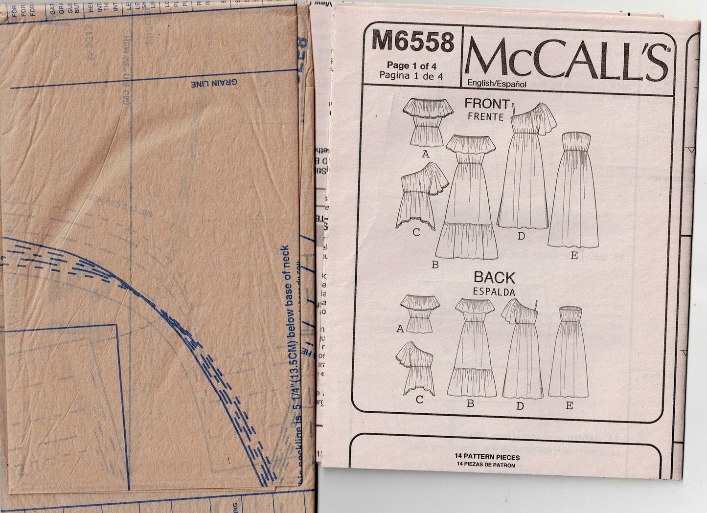 Patrón de costura agotado para blusas y vestidos campesinos con volantes anchos para mujer McCall's 6558, talla 18-24, sin cortar, doblado de fábrica