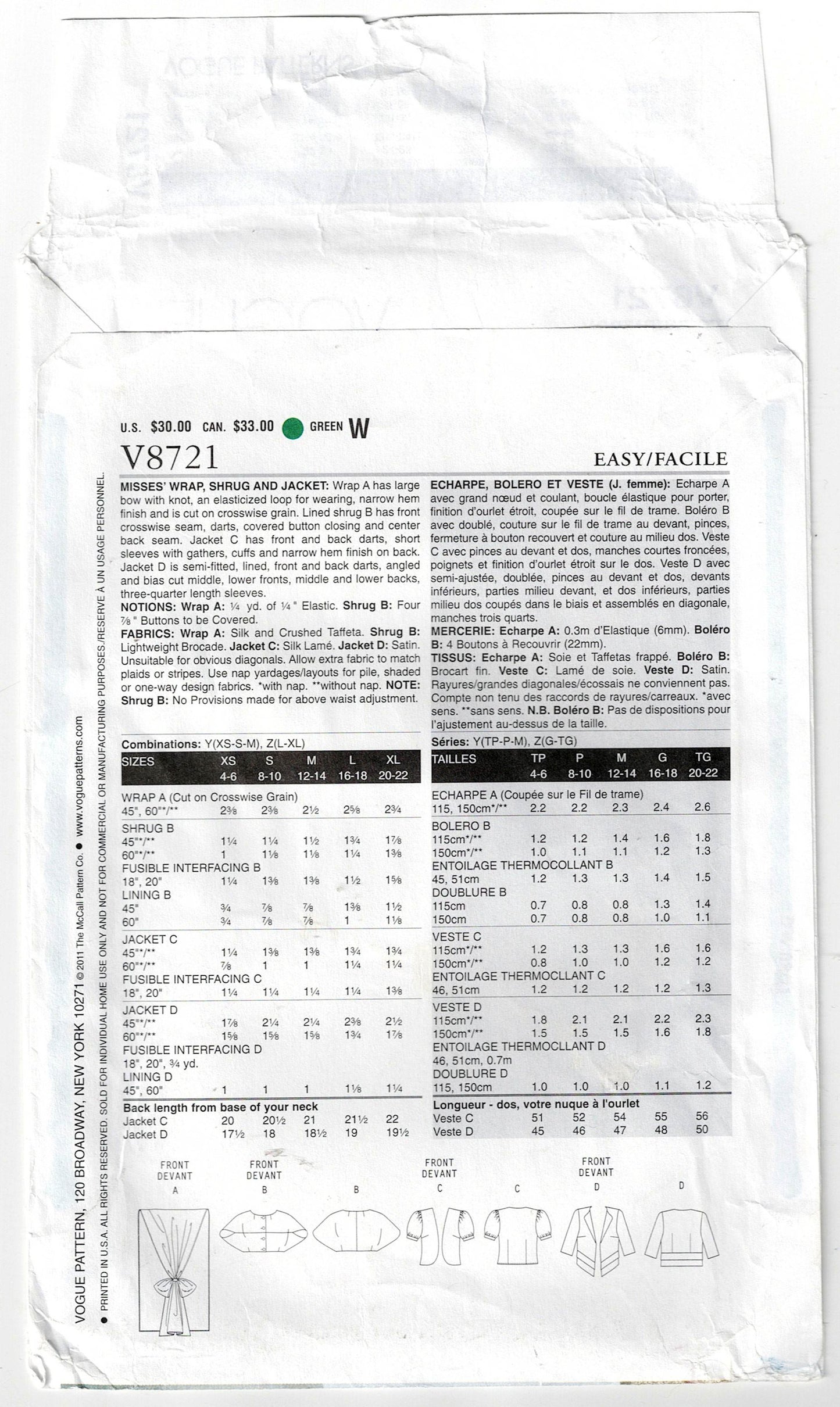 Vogue 8721 Womens Evening Jacket Wrap & Shrug Out Of Print Sewing Pattern Sizes XS - M UNCUT Factory Folded