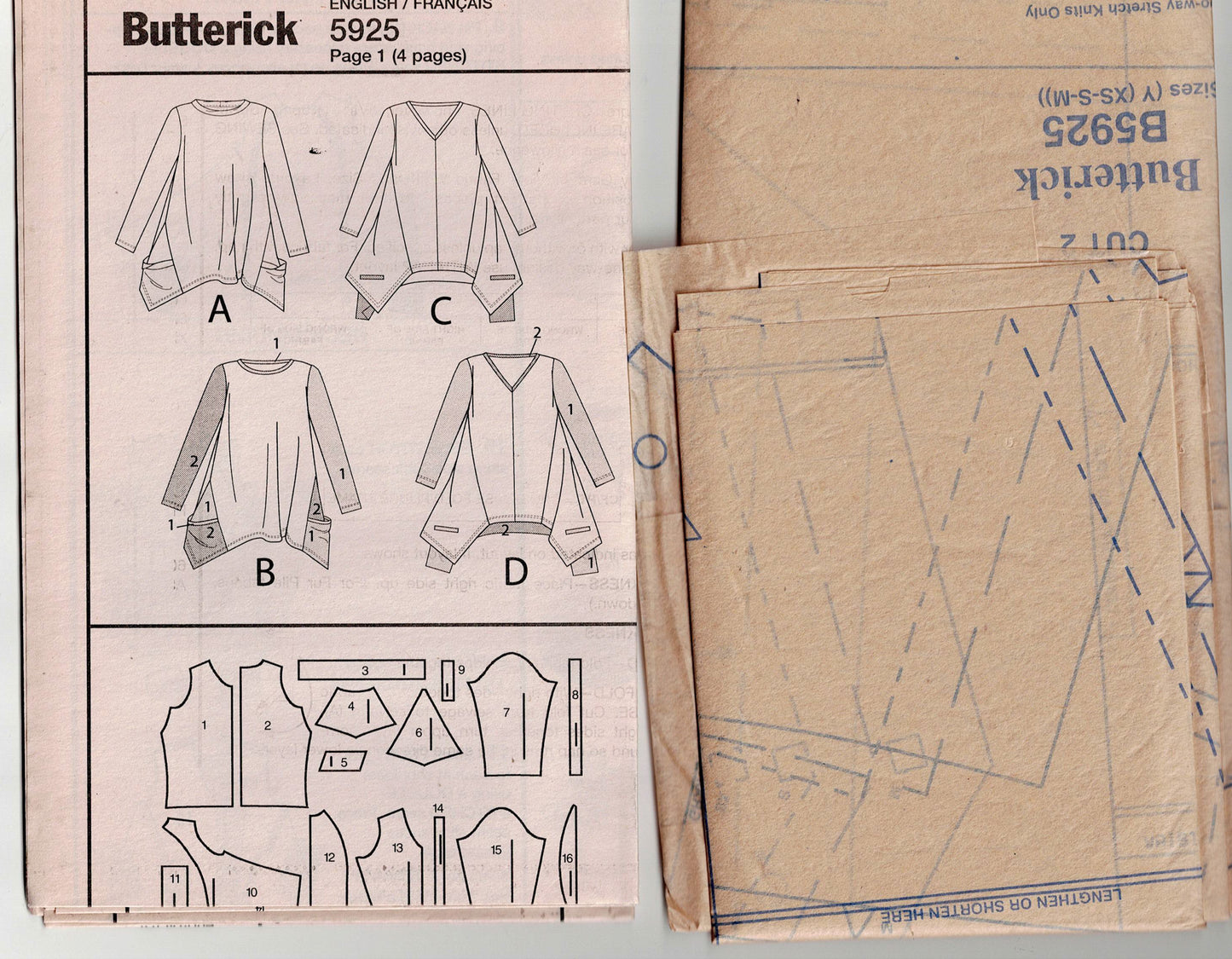 Butterick 5925 KATHERINE TILTON Womens Pullover Stretch Trapese Tunic Tops Out Of Print Sewing Pattern Size XS - M UNCUT Factory Folded