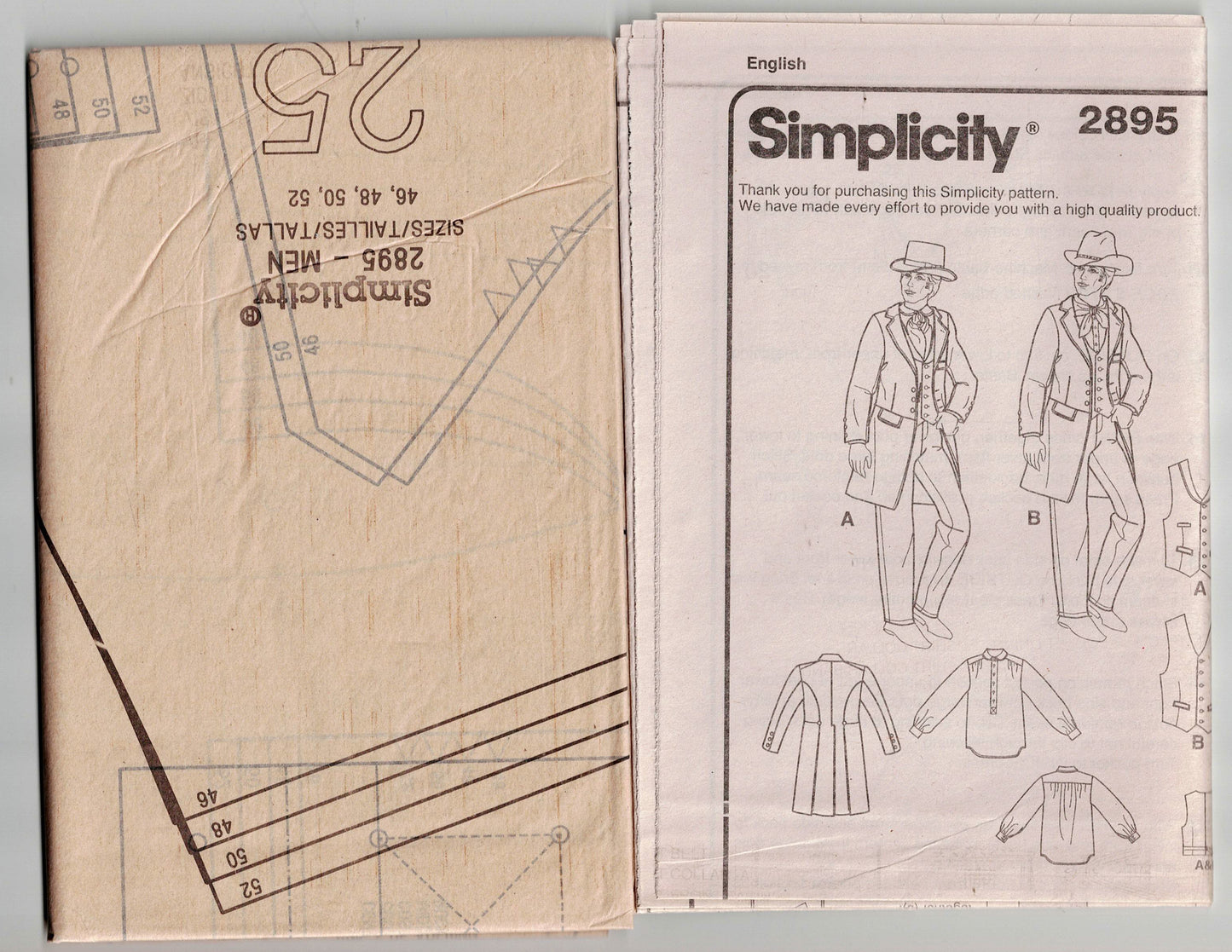Simplicity 2895 Mens Historical Frock Coat Shirt & Vest Costume Out Of Print Paper Sewing Pattern Size 46 - 52 UNCUT Factory Folded