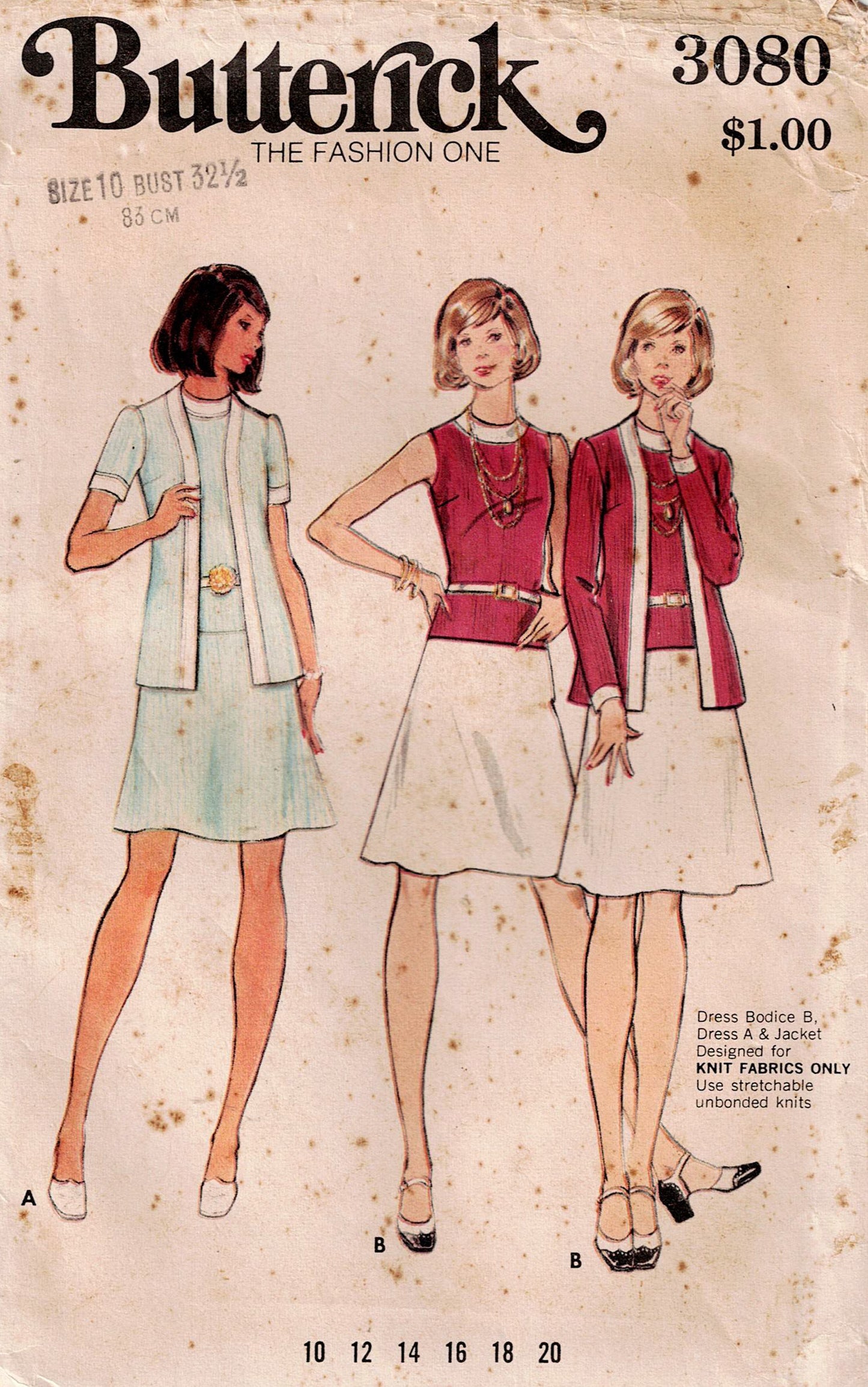 Butterick 3080 Womens EASY Stretch Dress & Cardigan 1970s Vintage Sewing Pattern Size 10 or 12