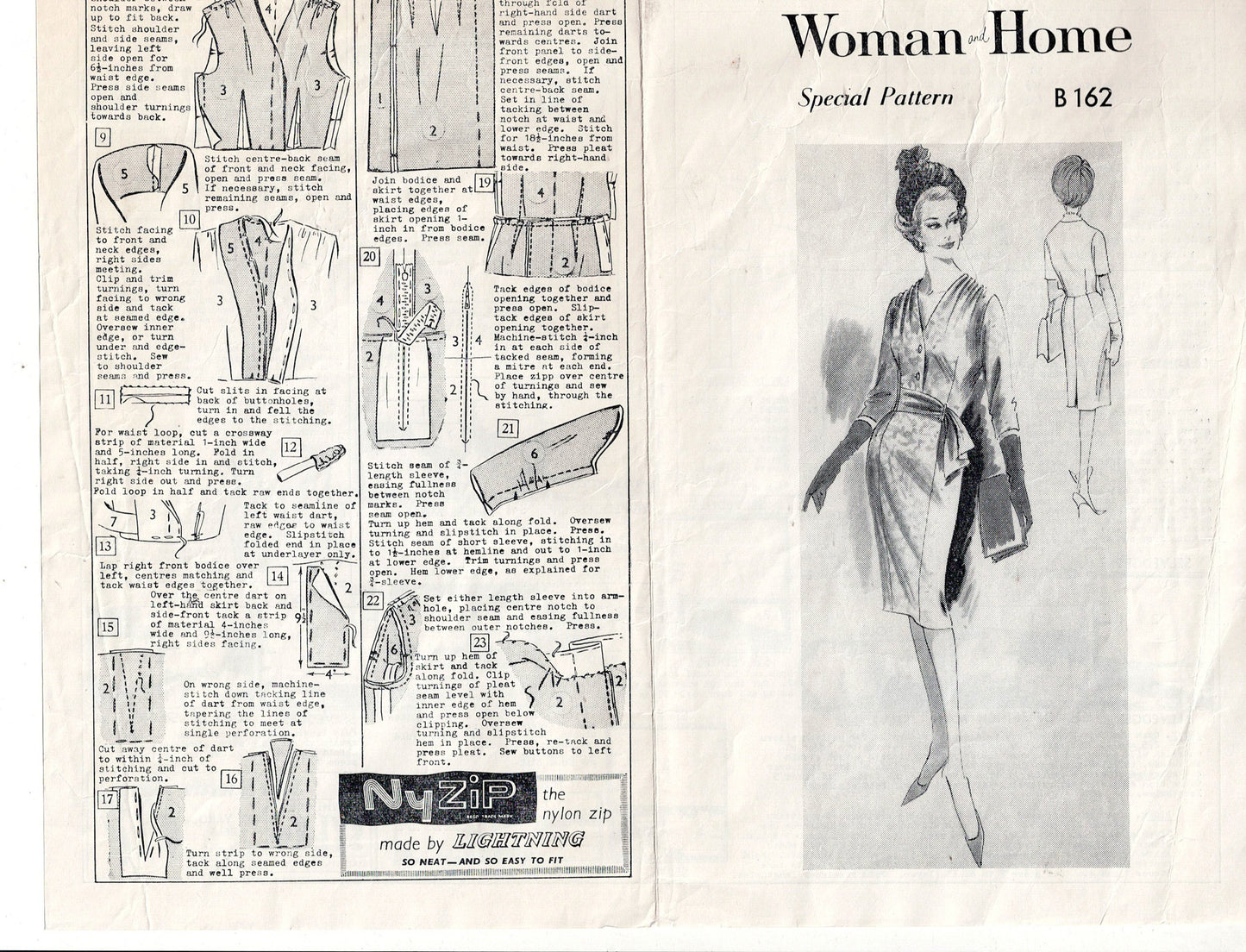 RARE English Woman & Home B162 Gathered Shoulder Sheath Dress with Sash 1960s Vintage Sewing Pattern Bust 38 Inches UNUSED Factory Folded