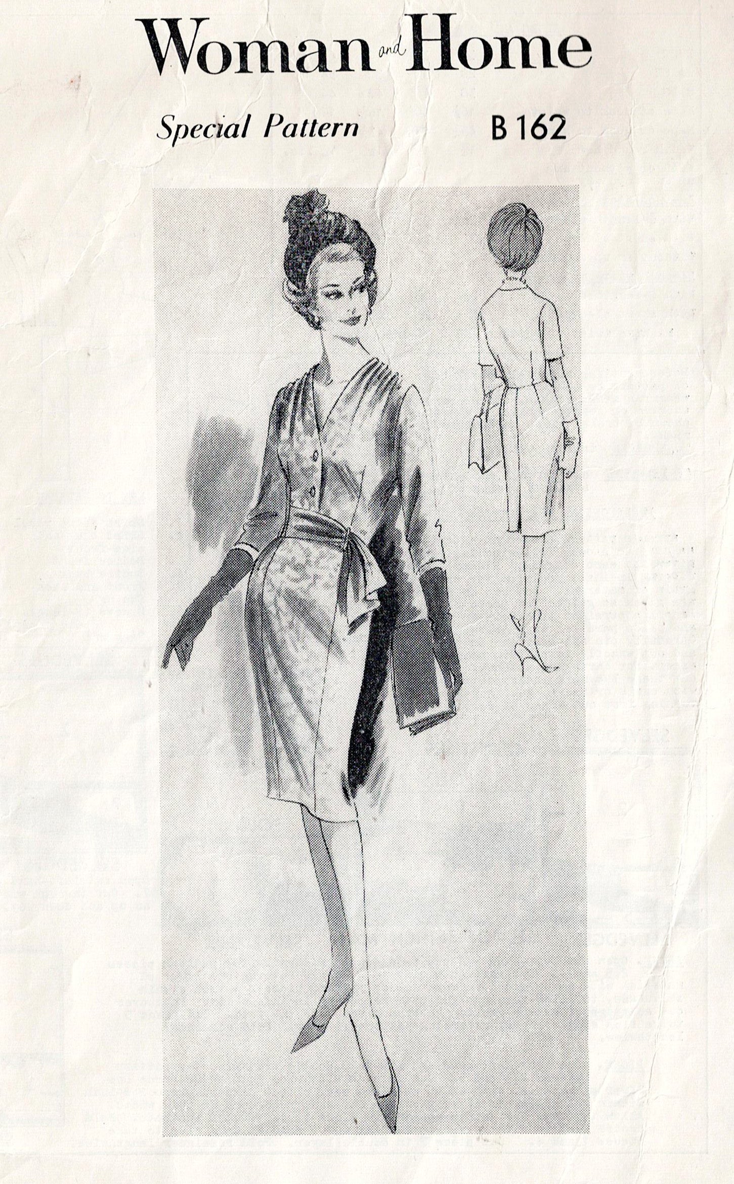 Woman &amp; Home Special Pattern B162
Vintage fashion pattern cover with a woman's outfit design and 'Woman of Home' branding.
