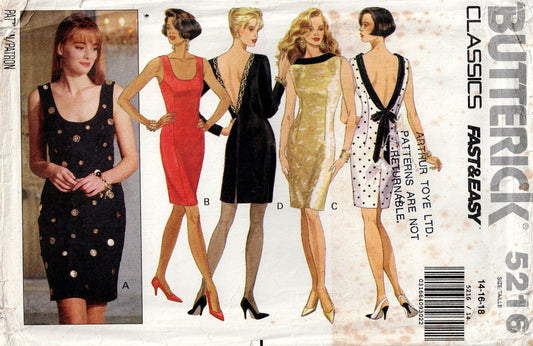 Butterick 5216 Womens EASY Low Back Evening Formal Prom Dress 1990s Vintage Sewing Pattern Size 14 - 18  UNCUT Factory Folded