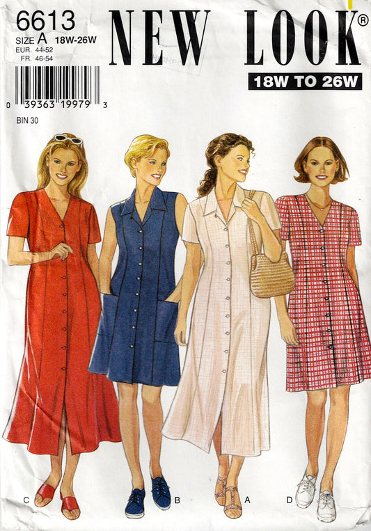 Pattern envelope for New Look 6613 dress sizes 18W to 26W with four models wearing different dresses.