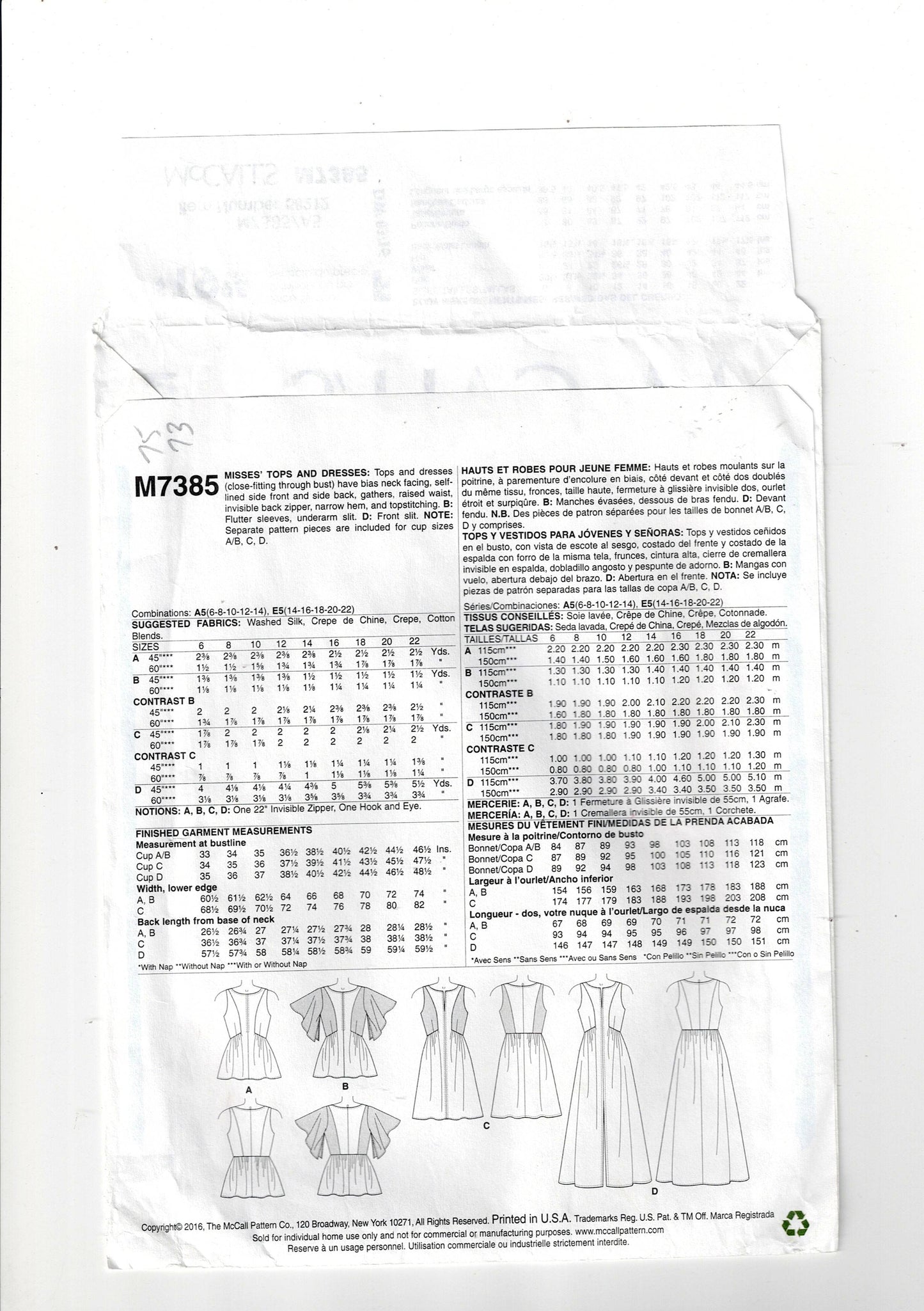 McCall's 7385 Womens Side Gathered Dress & Blouse with Sleeve Variations Out Of Print Sewing Pattern Sizes 6 - 14 UNCUT Factory Folded