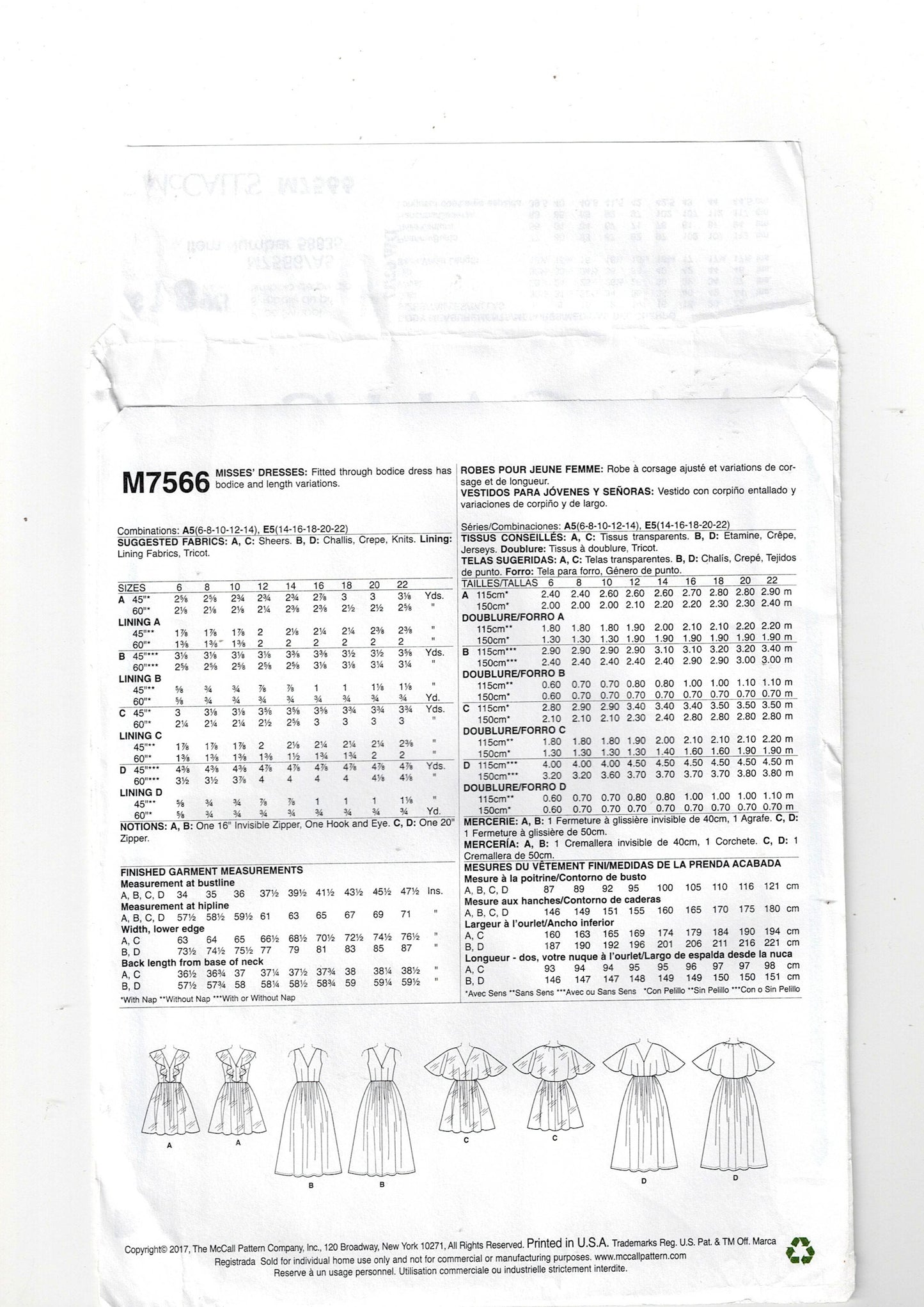 McCall's 7566 Womens Ruffled Shoulder Dress Out Of Print Sewing Pattern Sizes 6 - 14 UNCUT Factory Folded