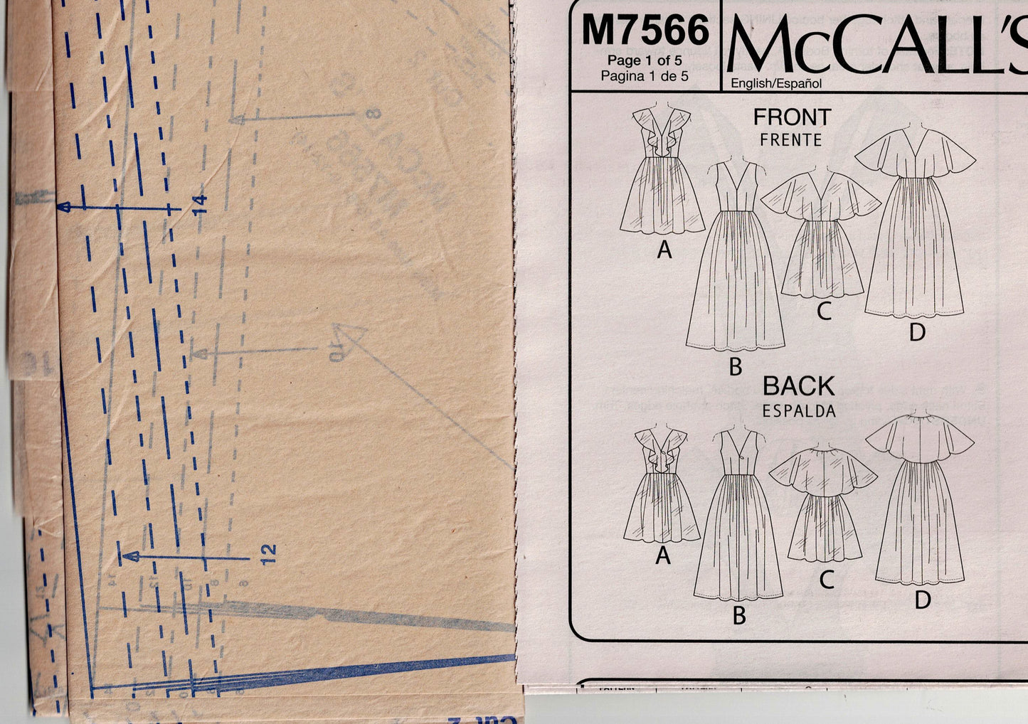 McCall's 7566 Womens Ruffled Shoulder Dress Out Of Print Sewing Pattern Sizes 6 - 14 UNCUT Factory Folded