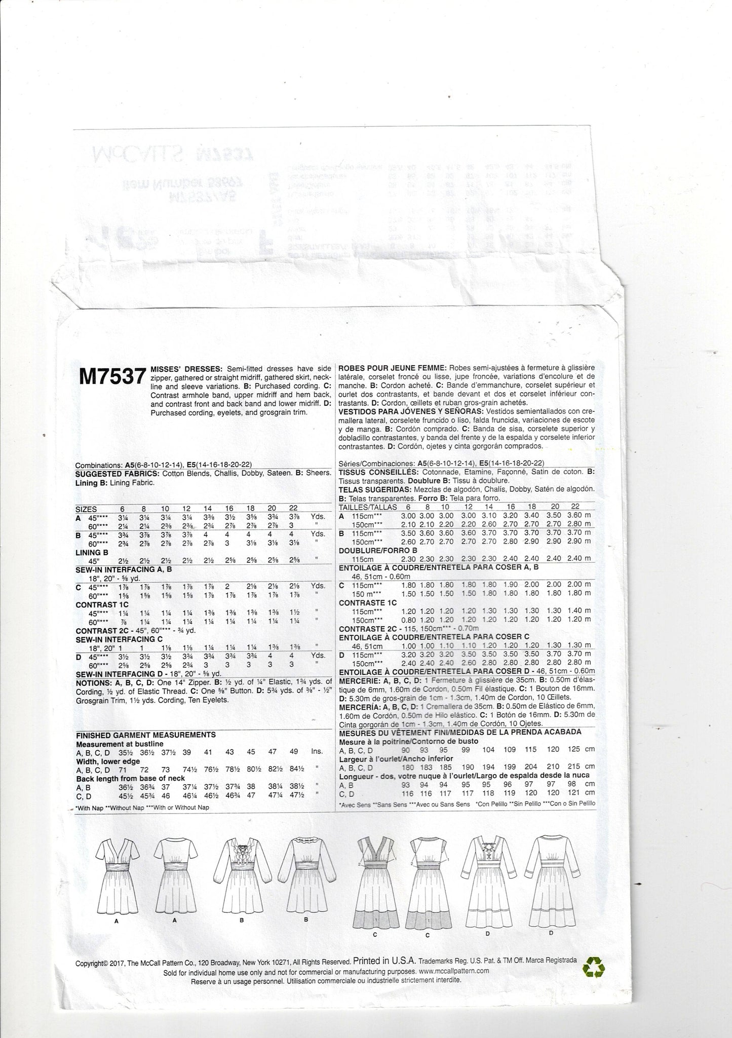 McCall's 7537 Womens Banded Gathered Waist Dress Out Of Print Sewing Pattern Sizes 6 - 14 UNCUT Factory Folded