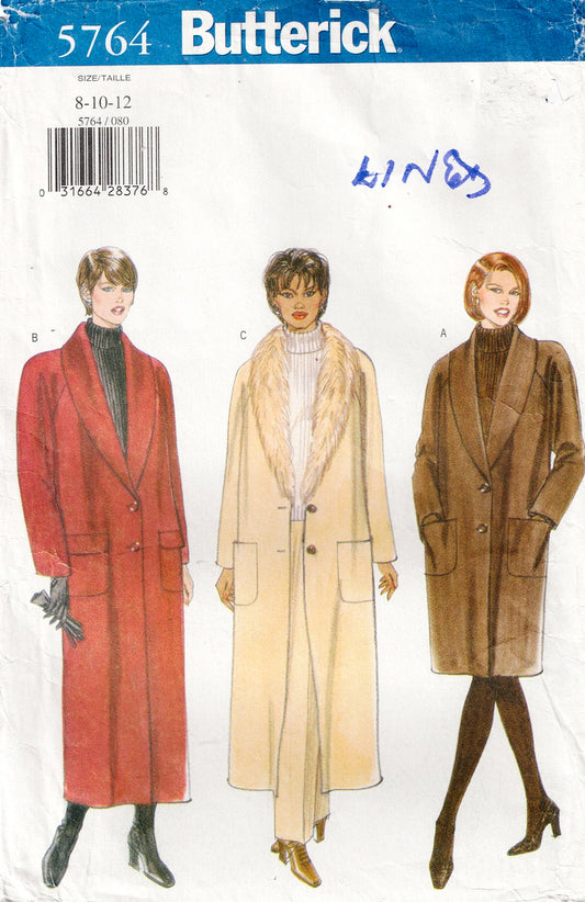 Butterick 9825
Butterick pattern 5764 for women's coats with three different color options on a white background.