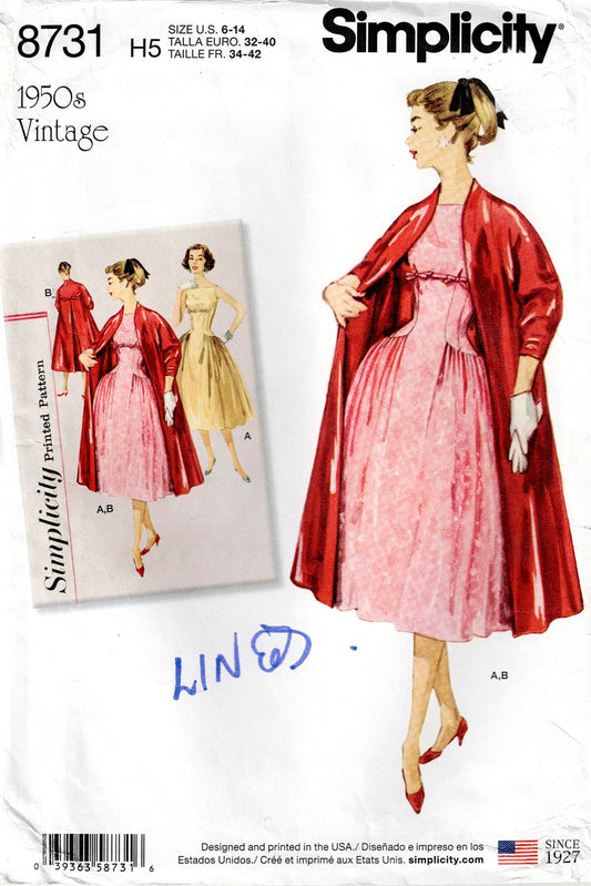 Simplicity 8731 Womens Reissued 1950s Full Skirt Side Gathered Dress & Tent Coat Out Of Print Sewing Pattern Size 6 - 14 UNCUT Factory Folded