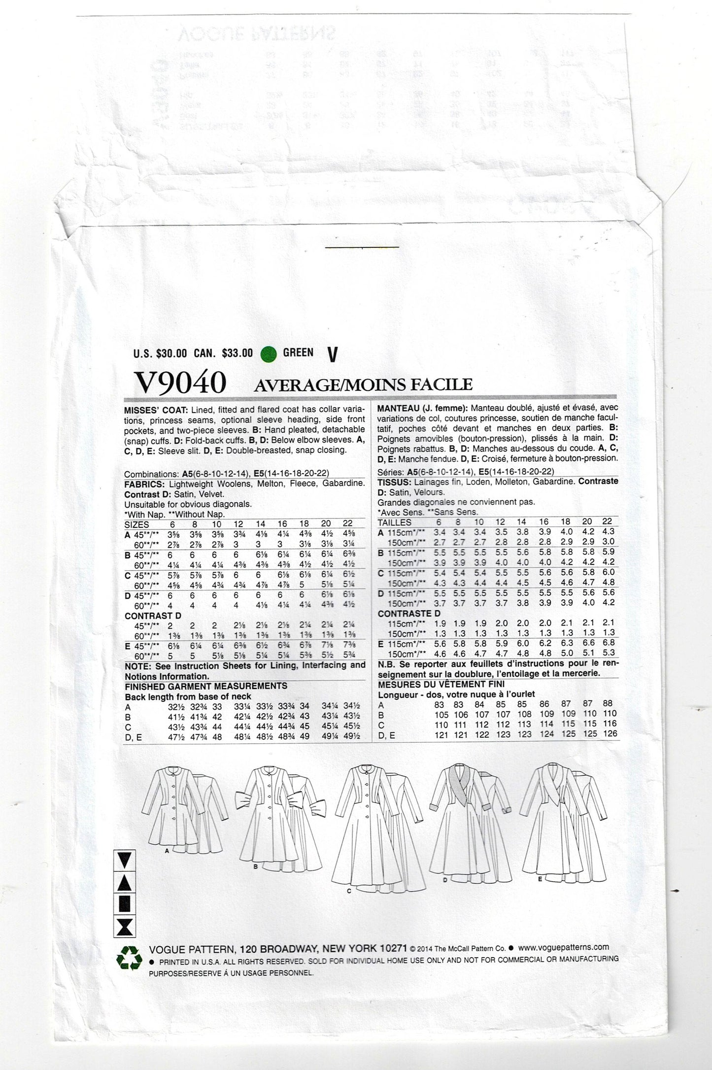 Vogue Basic Design 9040 Womens Fit & Flared Coats Out Of Print Sewing Pattern Size 6 - 14 UNCUT Factory Folded