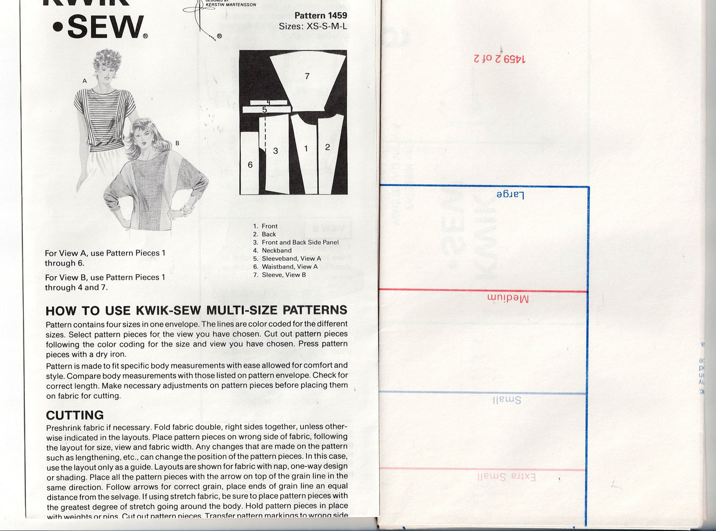 Kwik Sew 1459 Womens Stretch Knit  Dolman Sleeved Tops 1980s Vintage Sewing Pattern Size XS - L UNCUT Factory Folded