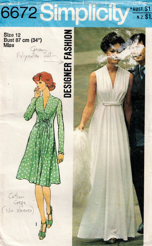 Patrón de costura vintage de los años 70 para vestidos de diosa de diseñador para mujer Simplicity 6672, talla 14, busto de 36 pulgadas