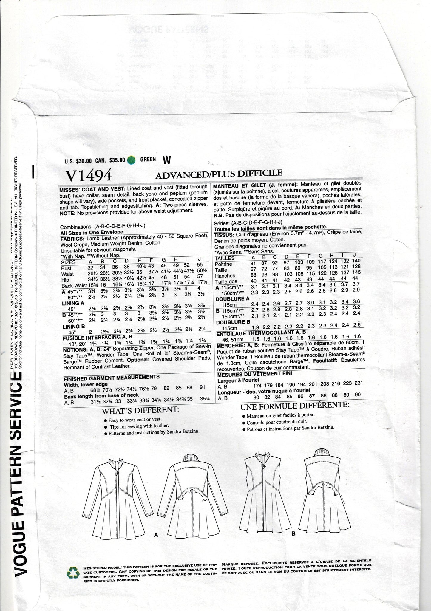 Vogue Original 1494 Today's Fit SANDRA BETZINA Womens High Neck Zip Front Fit & Flared Coat & Vest Out Of Print Sewing Pattern Bust 32 - 55 inches UNCUT Factory Folded