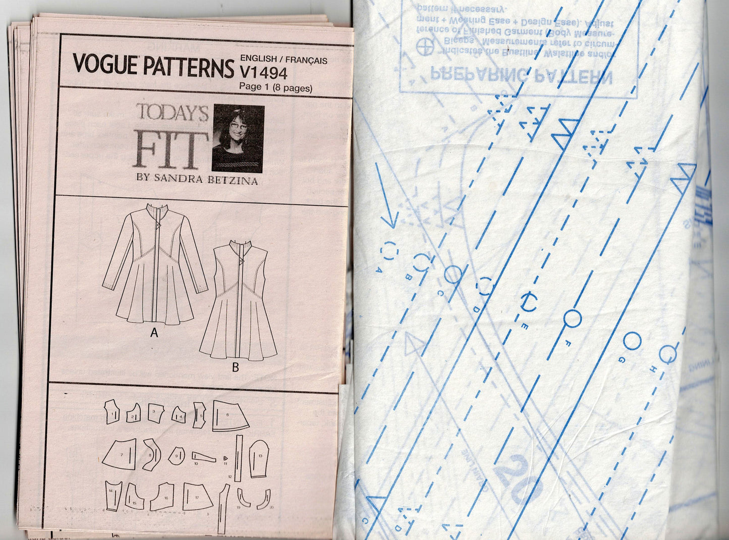 Vogue Original 1494 Today's Fit SANDRA BETZINA Womens High Neck Zip Front Fit & Flared Coat & Vest Out Of Print Sewing Pattern Bust 32 - 55 inches UNCUT Factory Folded