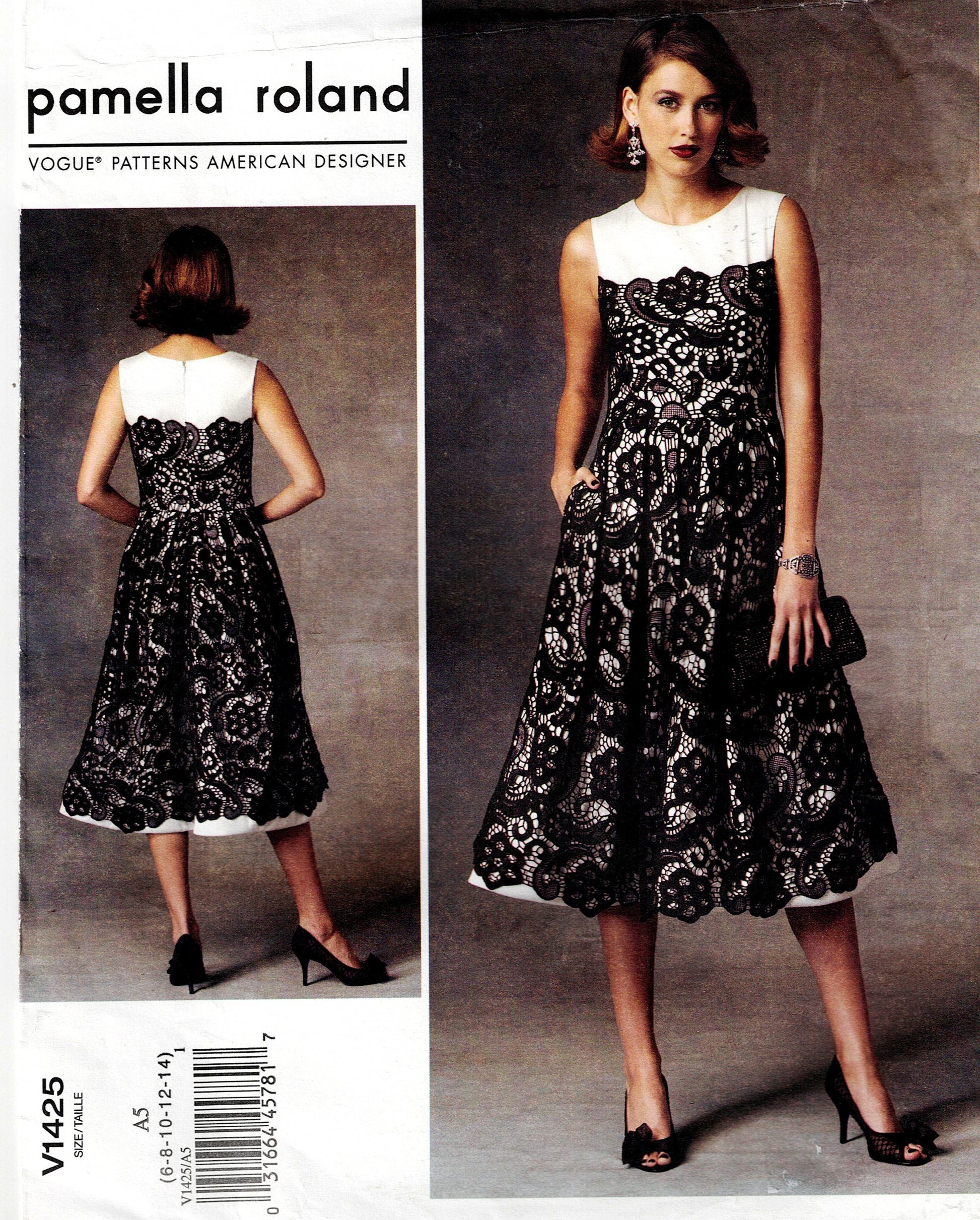 Vogue American Designer 1425 
Pamella Roland dress pattern with model wearing the dress against a gray background