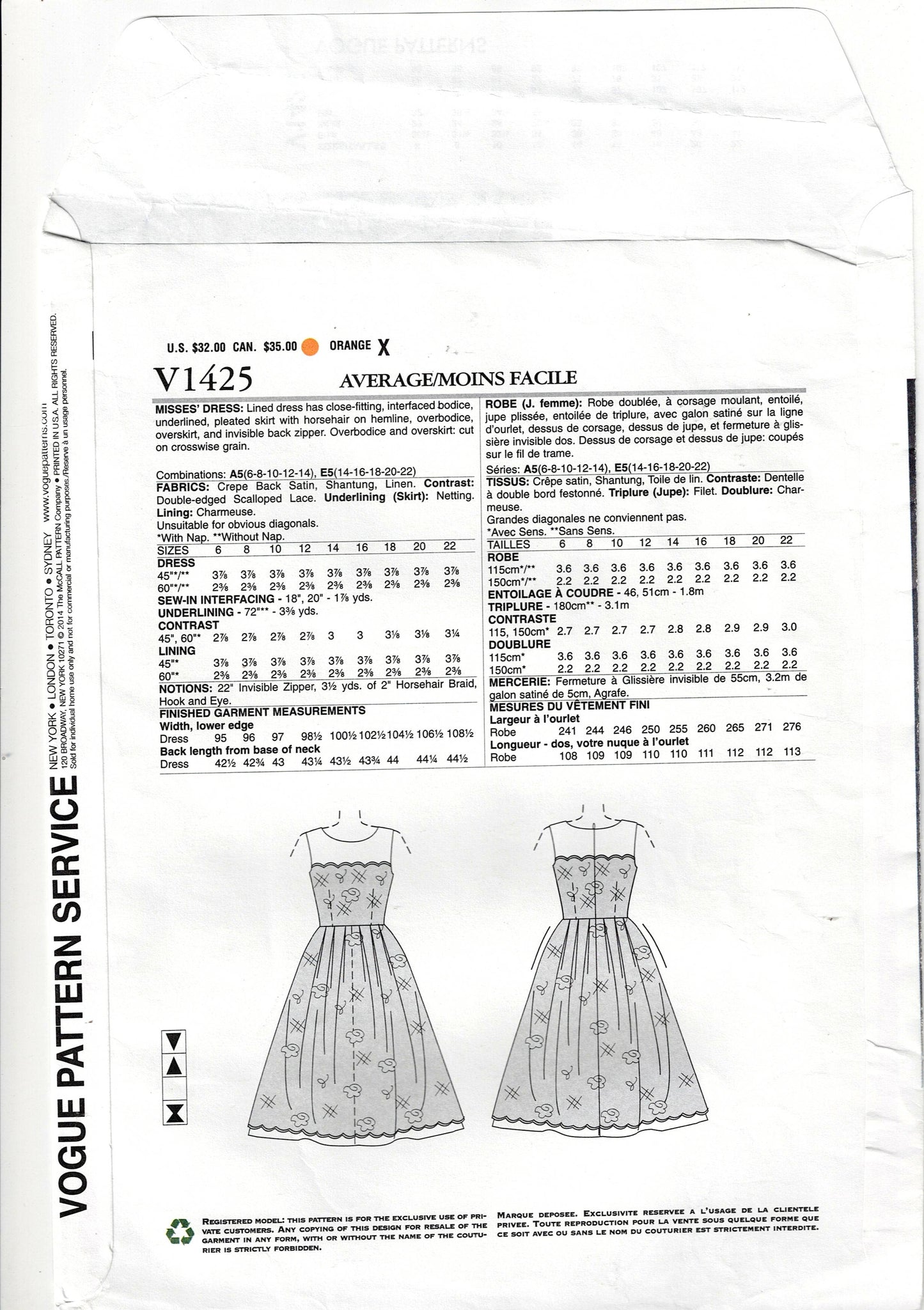 Vogue American Designer 1425 PAMELA ROLLAND Womens Evening Dress with Lace Overlay Out Of Print Sewing Pattern Size 6 - 14 UNCUT Factory Folded
