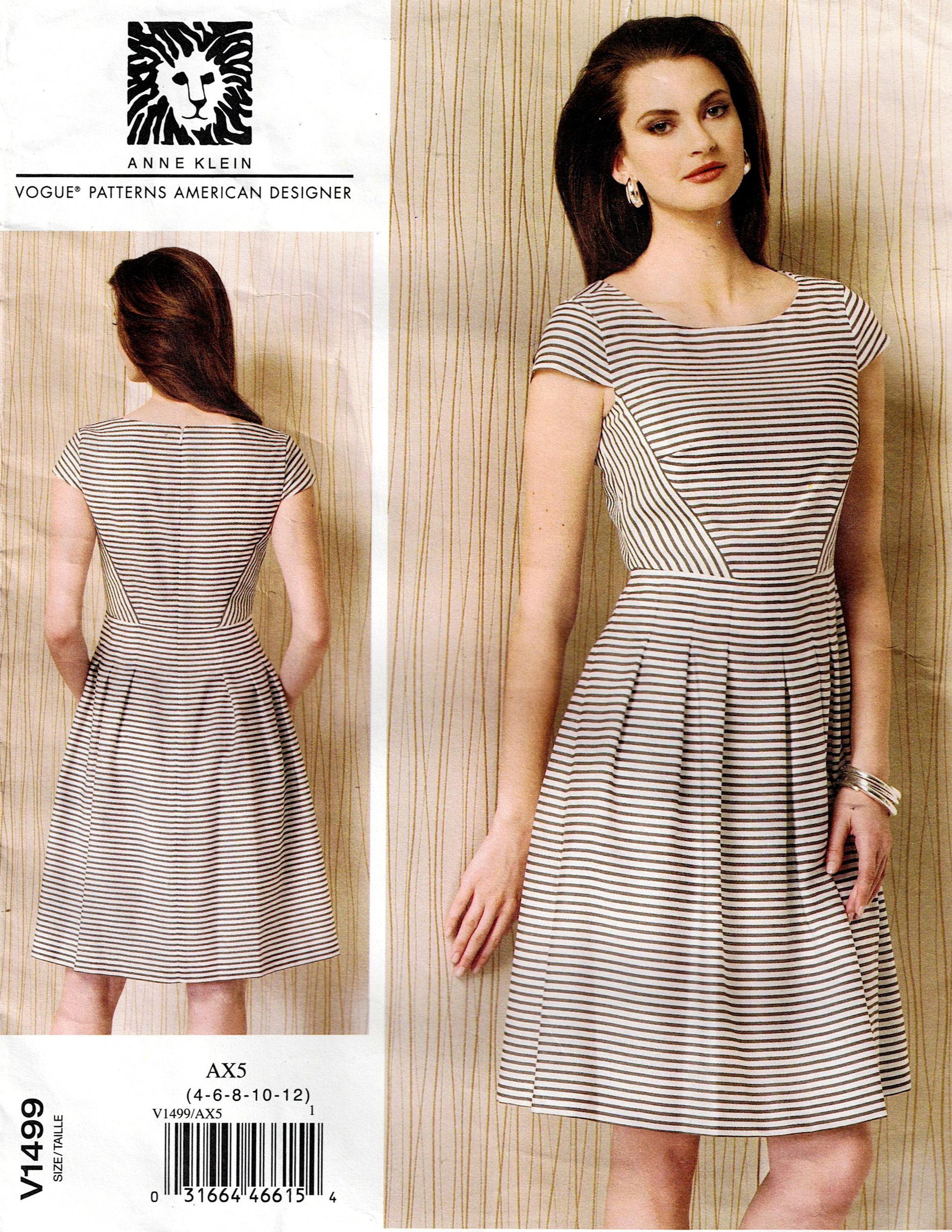Vogue American Designer 1499
Striped dress with model wearing it and pattern on the left side