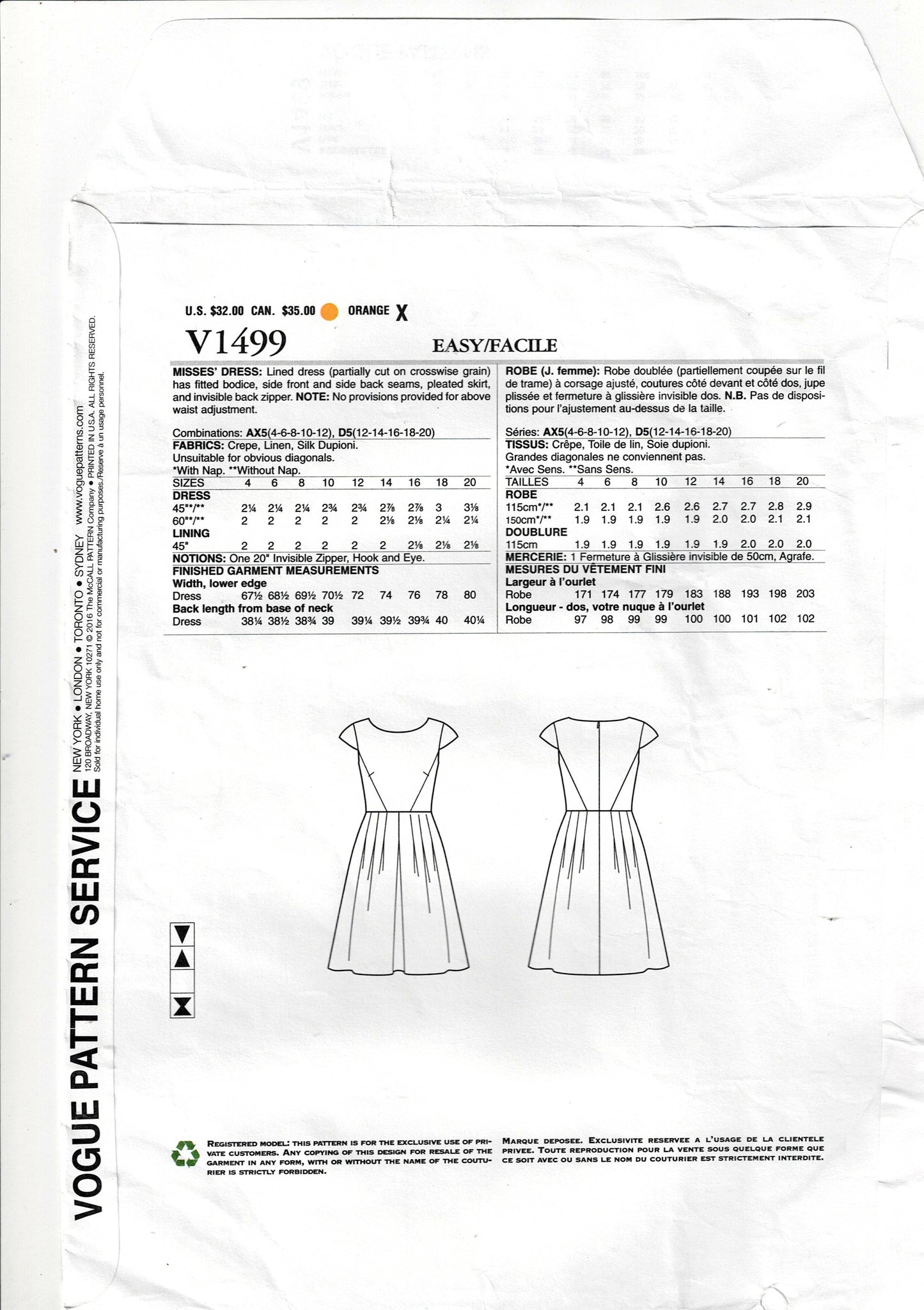 Vogue American Designer 1499 ANNE KLEIN Womens Cap Sleeved Dress with Pleated Skirt Out Of Print Sewing Pattern Size 4 - 12 UNCUT Factory Folded