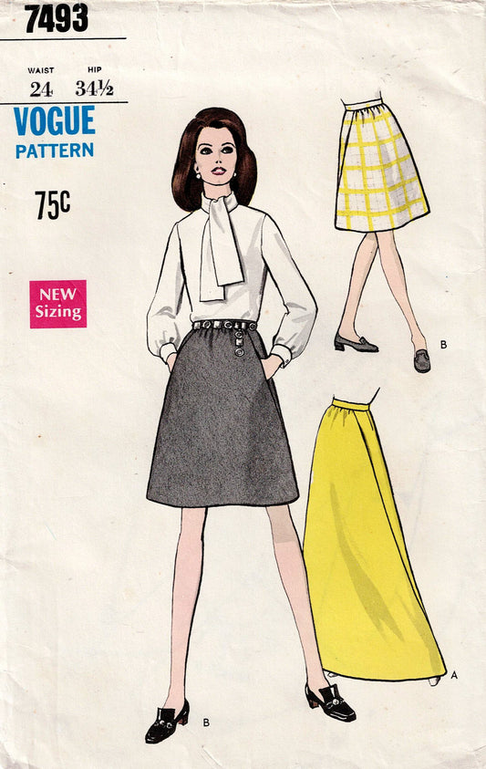 Vogue 7493
Vogue pattern 7493 for a skirt with a woman modeling the garment on a white background.