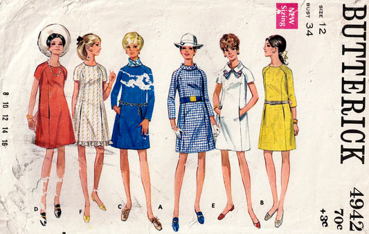 Butterick 4942 pattern envelope with six models wearing vintage dresses.