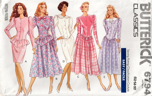 Butterick 6794 pattern packaging with five women wearing different dress designs.
