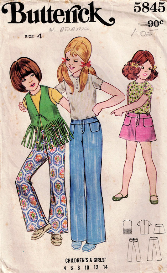 Butterick 5845 vintage sewing pattern cover with three illustrated girls in 1970s clothing.