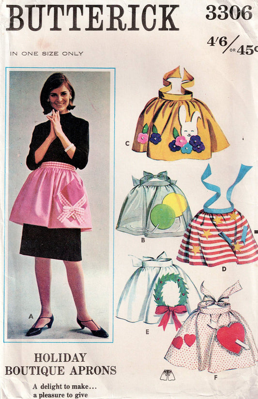Butterick 3306 pattern leaflet for holiday boutique aprons with a model wearing one.