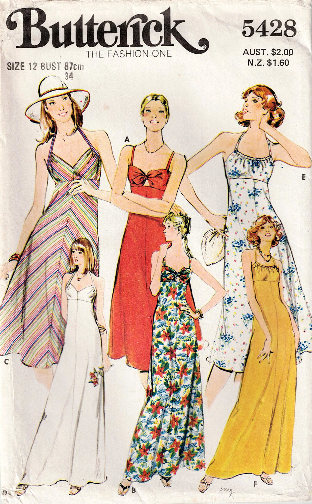 1970's Butterick A-Line Short or Long Dress with long sleeves - Bust 33.5