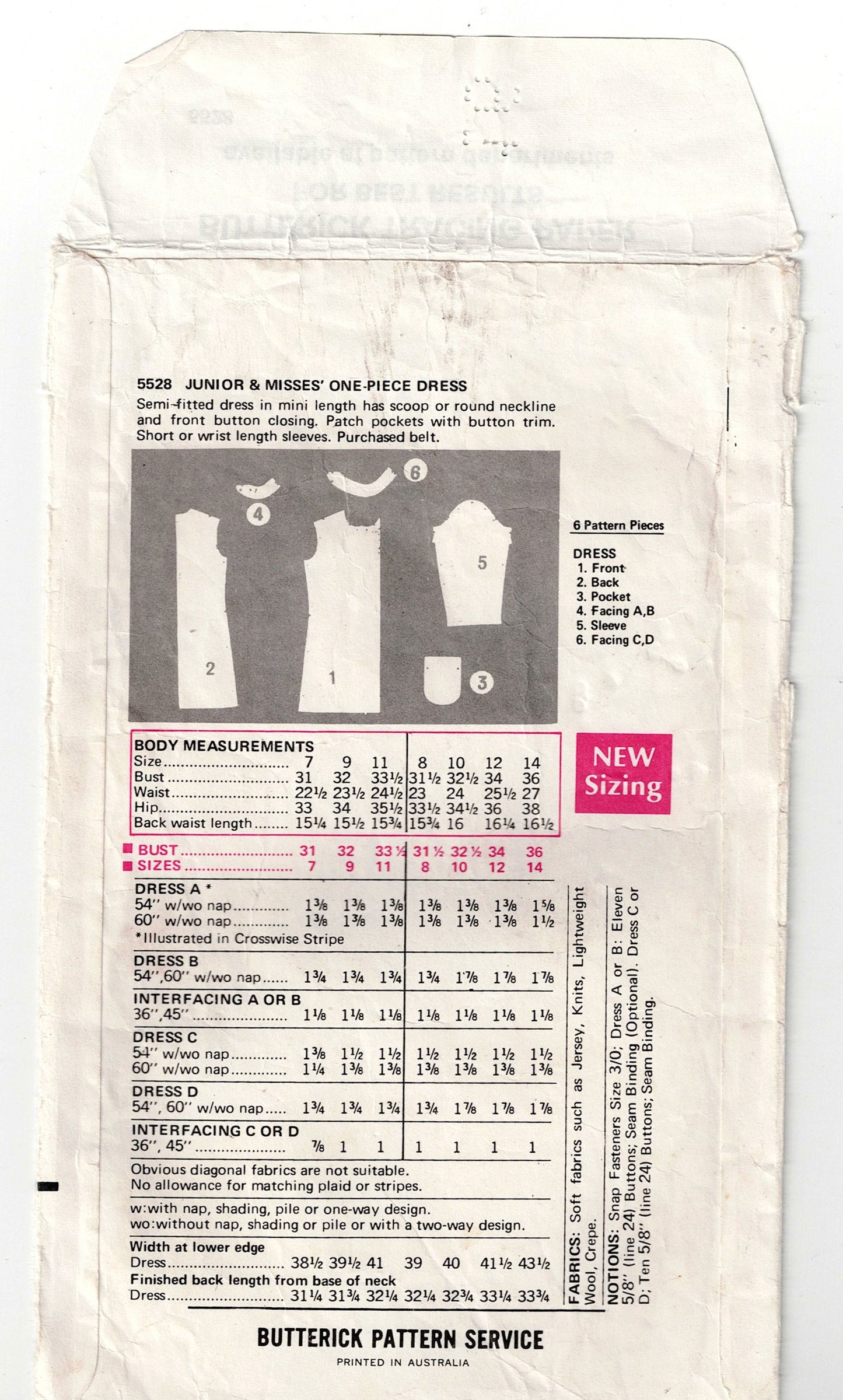 Butterick 5528 Womens Button Front Mini Dress 1960s Vintage Sewing Pattern Size 10 Bust 32.5 inches