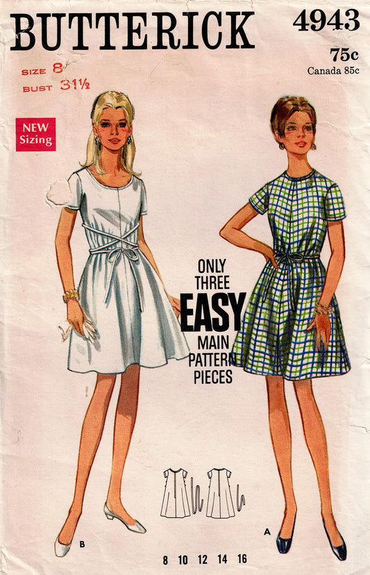 Butterick 4943 EASY Womens Waist Tied Tent Dress 1960s Vintage Sewing Pattern Size 8 Bust 31.5 inches