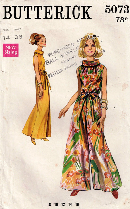 Butterick 5073 Womens Evening Palazzo Jumpsuit with Roll Collar 1960s Vintage Sewing Pattern Size 14 Bust 36 inches