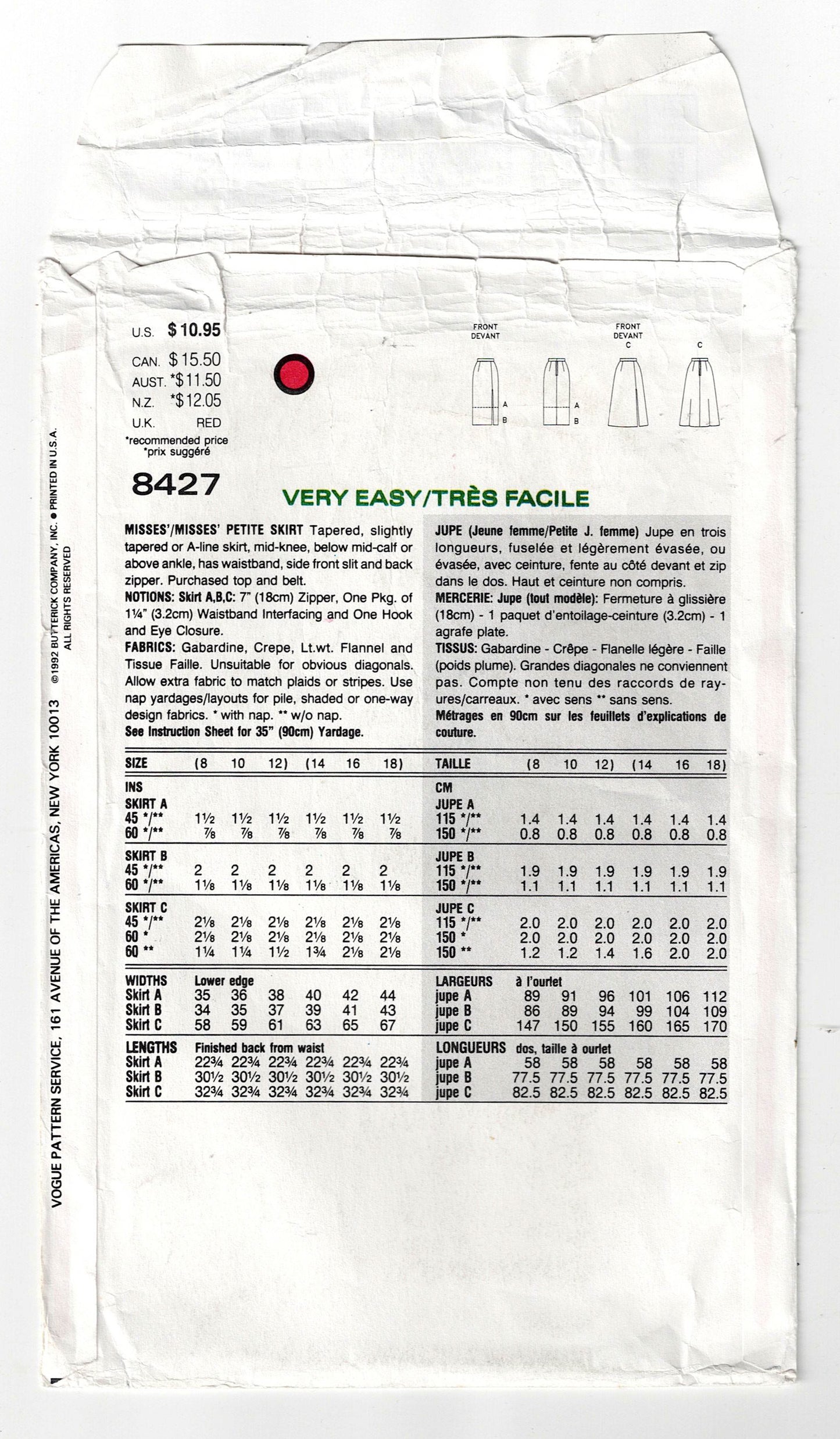 Very Easy Vogue 8427 Womens Asymmetric Flared or Pencil Skirts 1990s Vintage Sewing Pattern Size 8 - 12 UNCUT Factory Folded